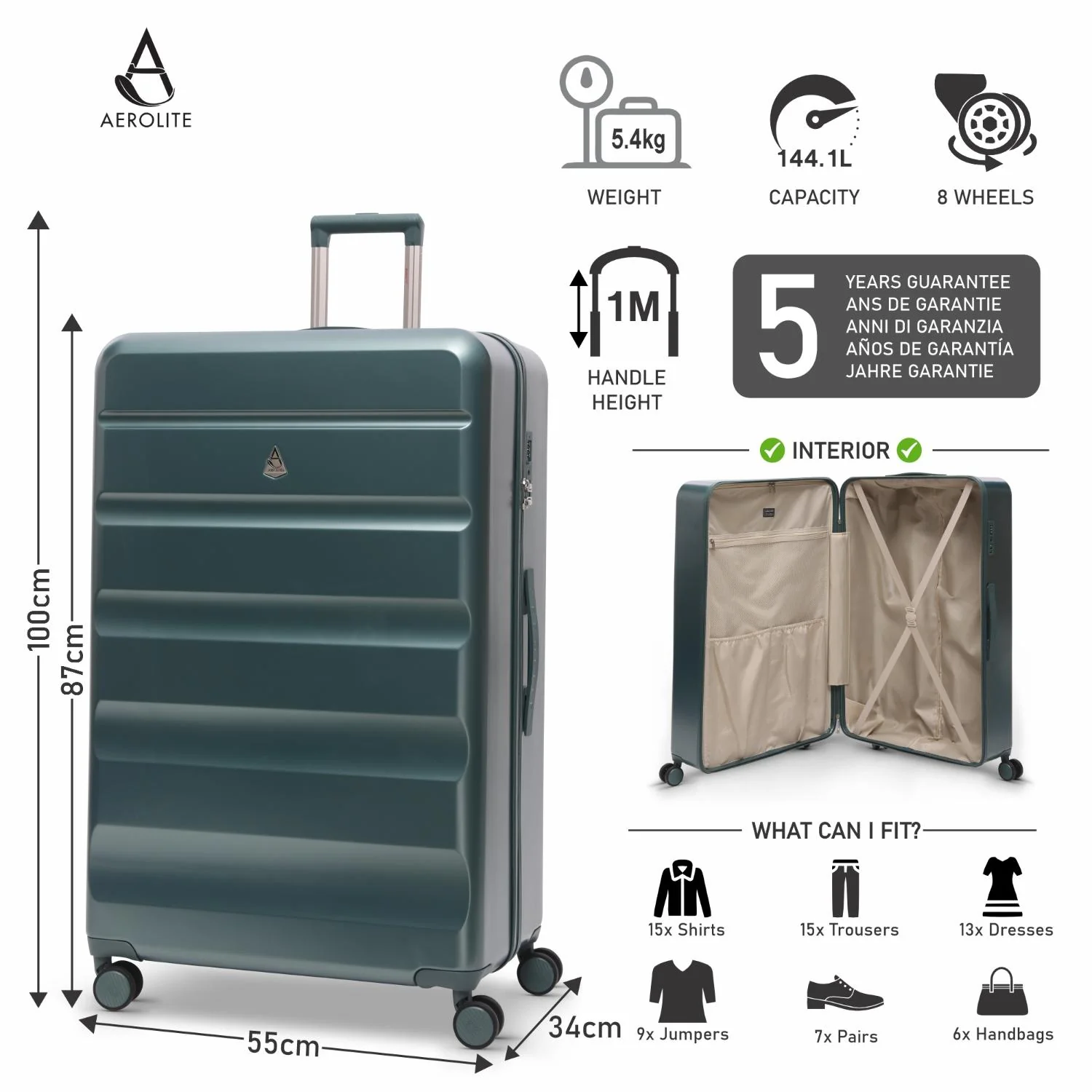 Aerolite Extra Large XL 32" 144L Lightweight ABS Hard Shell Suitcase, 4 Dual Wheel Spinner, TSA Lock, Heavy-Duty Check-In Travel Luggage - Forest Green - Image 2