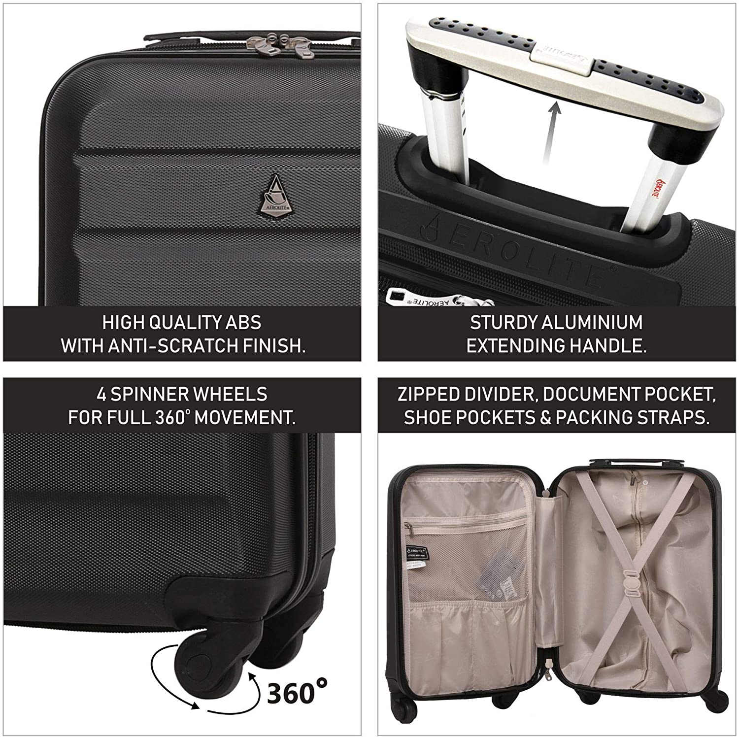 Aerolite Lightweight Hard Shell Suitcase Luggage 4 Wheels with Built in Combination Lock (25"& 29"), Black - Image 6