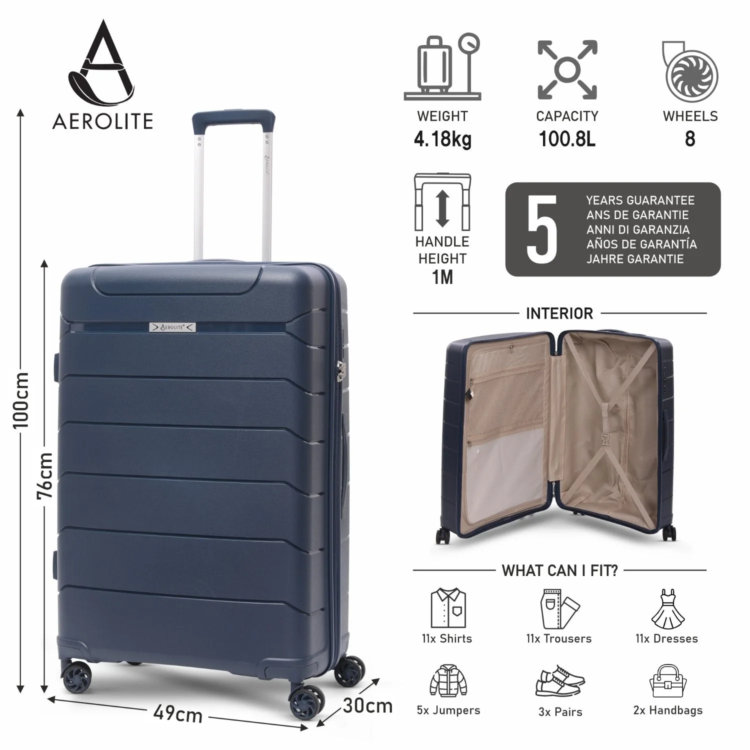 Aerolite Large 28" (100L) Lightweight Polypropylene Hard Shell Check-In Suitcase, 4 Dual Spinner Wheels, TSA Lock, Waterproof Pocket, 5 Years Warranty - Navy - Image 2