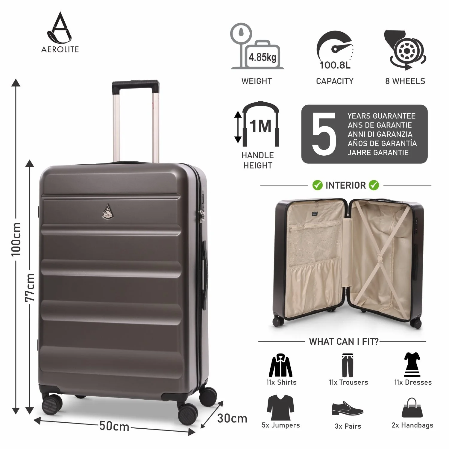 Aerolite Large 28" 100L Lightweight ABS Hard Shell Suitcase, 4 Dual Wheel Spinner, TSA Lock, Durable Check-In Hold Luggage - Charcoal - Image 2