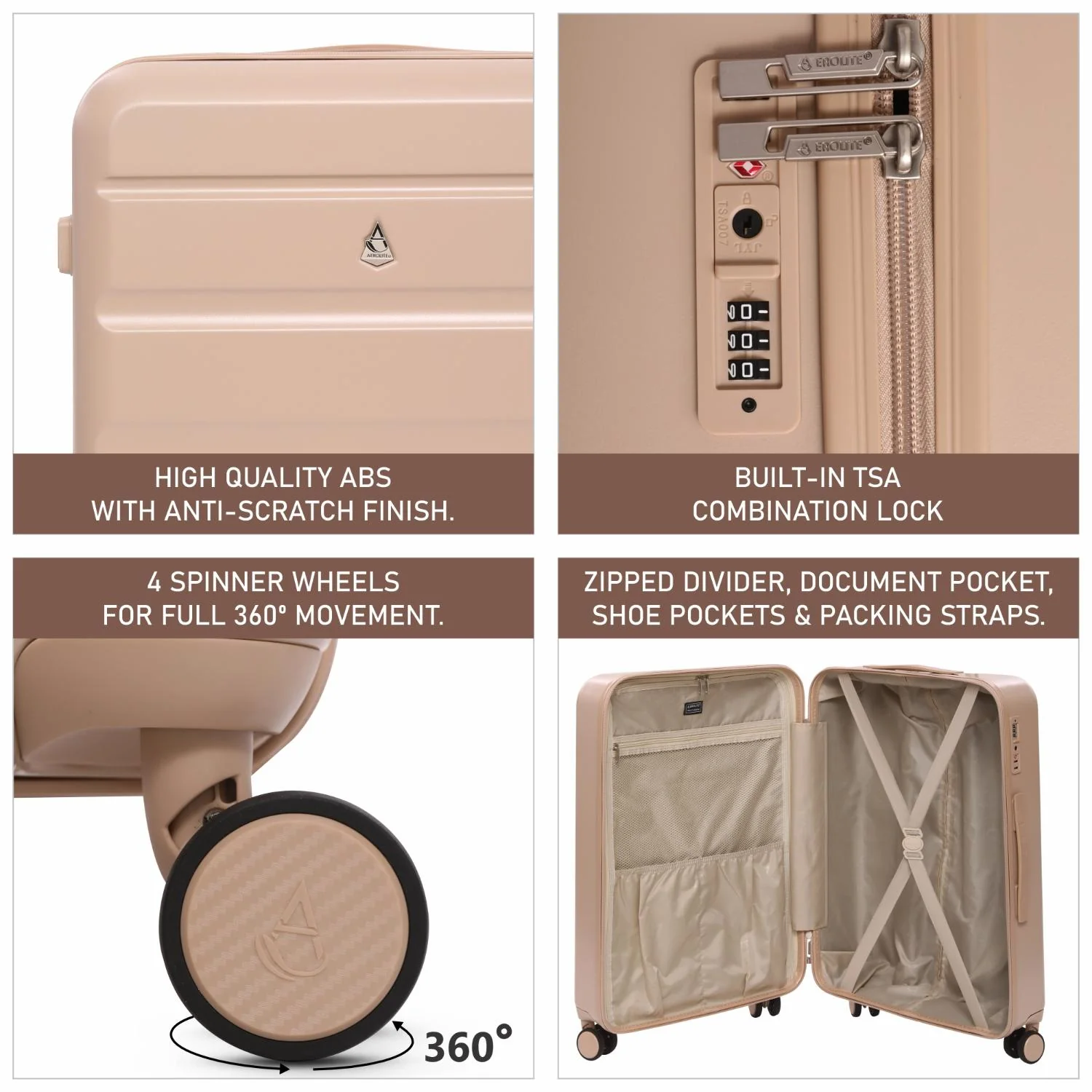 Aerolite Lightweight ABS Hard Shell 4 Wheel Spinner 4 Piece Travel Luggage Suitcase Set , Cabin + Medium + Large + Extra Large (BEIGE) - Image 10