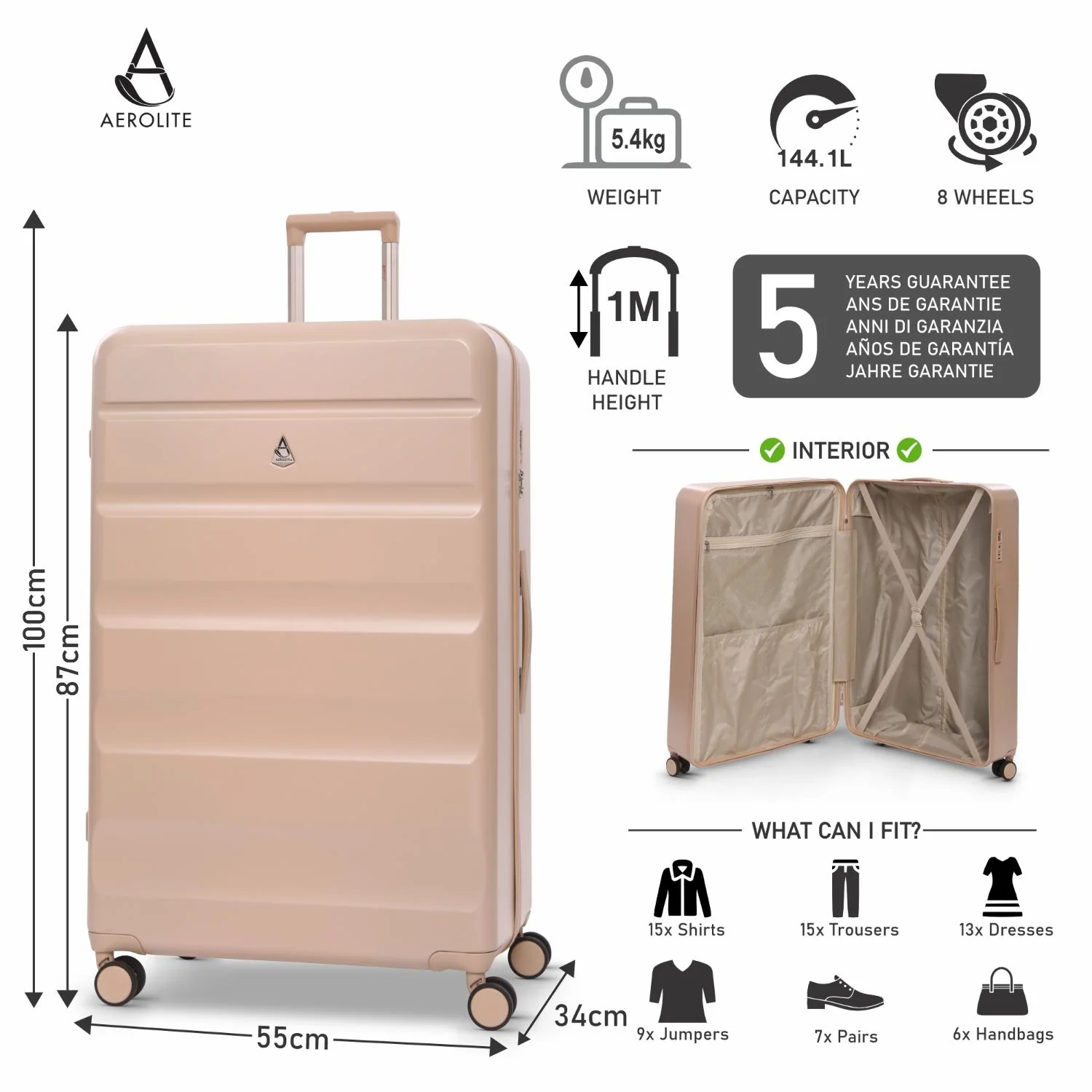 Aerolite Lightweight ABS Hard Shell 4 Wheel Spinner 4 Piece Travel Luggage Suitcase Set , Cabin + Medium + Large + Extra Large (BEIGE) - Image 15