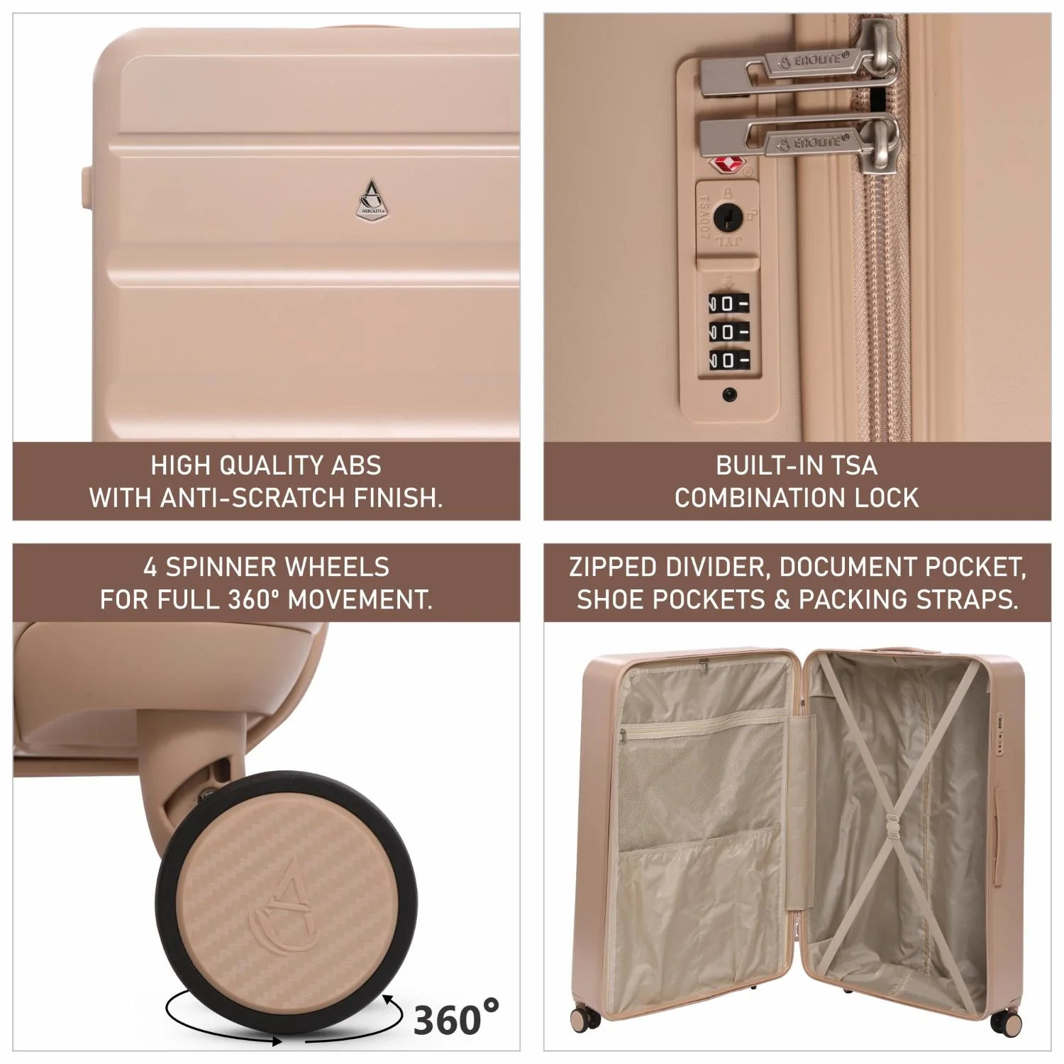 Aerolite Lightweight ABS Hard Shell 4 Wheel Spinner 4 Piece Travel Luggage Suitcase Set , Cabin + Medium + Large + Extra Large (BEIGE) - Image 16