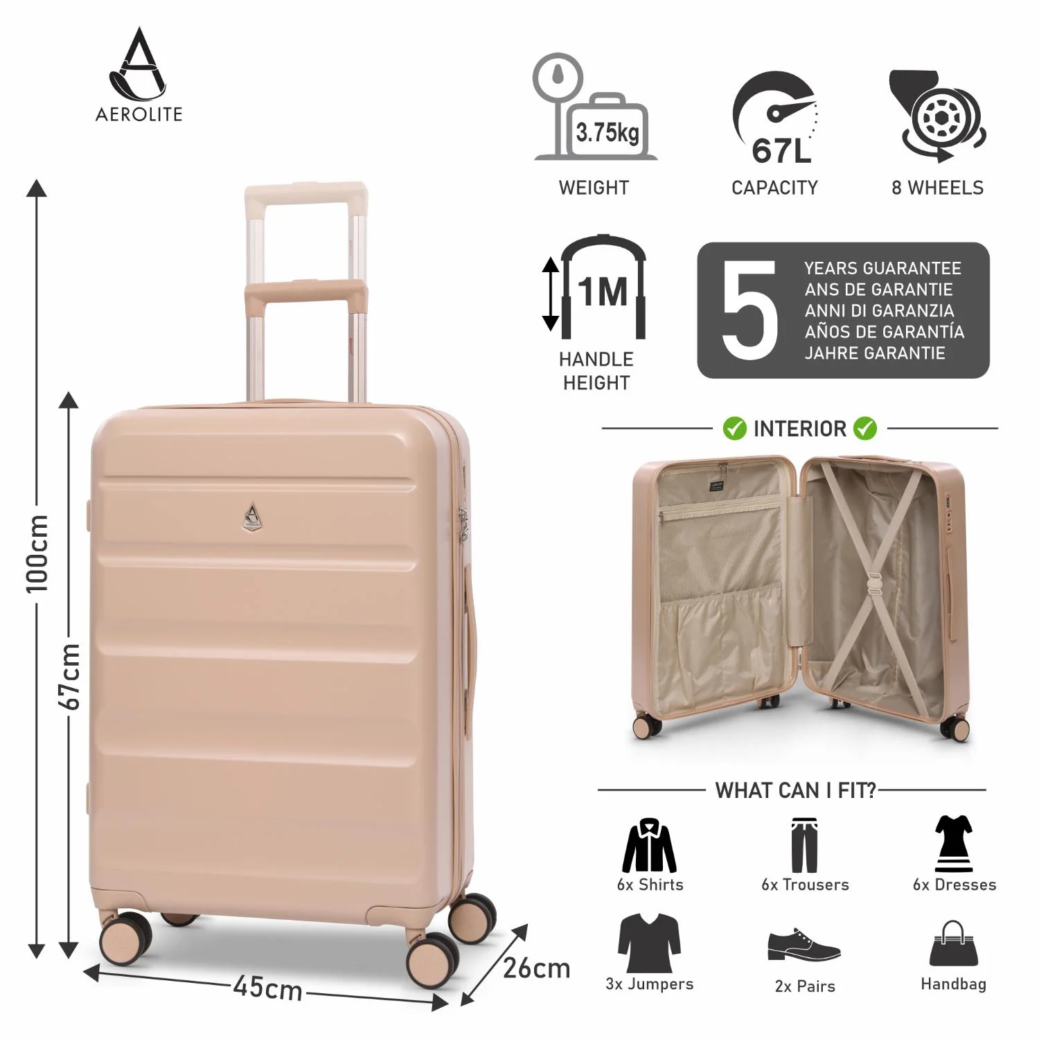 Aerolite Lightweight ABS Hard Shell 4 Wheel Spinner 4 Piece Travel Luggage Suitcase Set , Cabin + Medium + Large + Extra Large (BEIGE) - Image 9