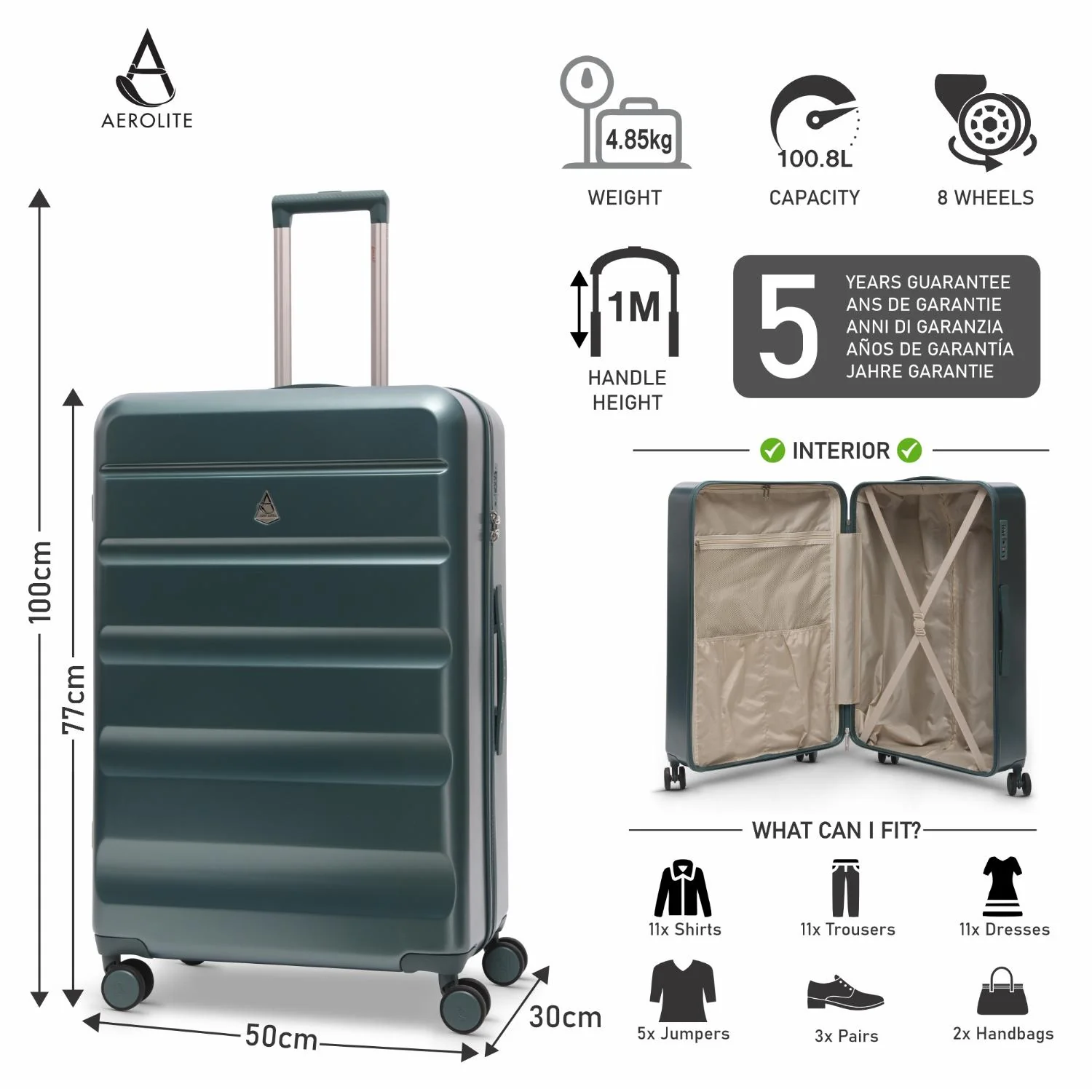 Aerolite Lightweight ABS Hard Shell 4 Wheel Spinner 4 Piece Travel Luggage Suitcase Set , Cabin + Medium + Large + Extra Large (FOREST GREEN) - Image 14