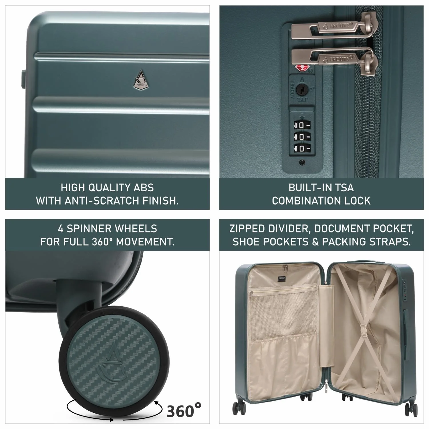 Aerolite Lightweight ABS Hard Shell 4 Wheel Spinner 4 Piece Travel Luggage Suitcase Set , Cabin + Medium + Large + Extra Large (FOREST GREEN) - Image 15