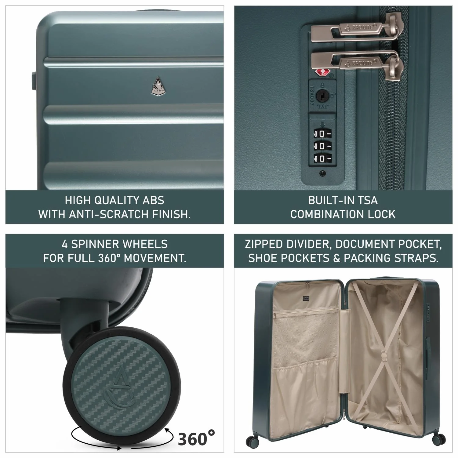 Aerolite Lightweight ABS Hard Shell 4 Wheel Spinner 4 Piece Travel Luggage Suitcase Set , Cabin + Medium + Large + Extra Large (FOREST GREEN) - Image 19