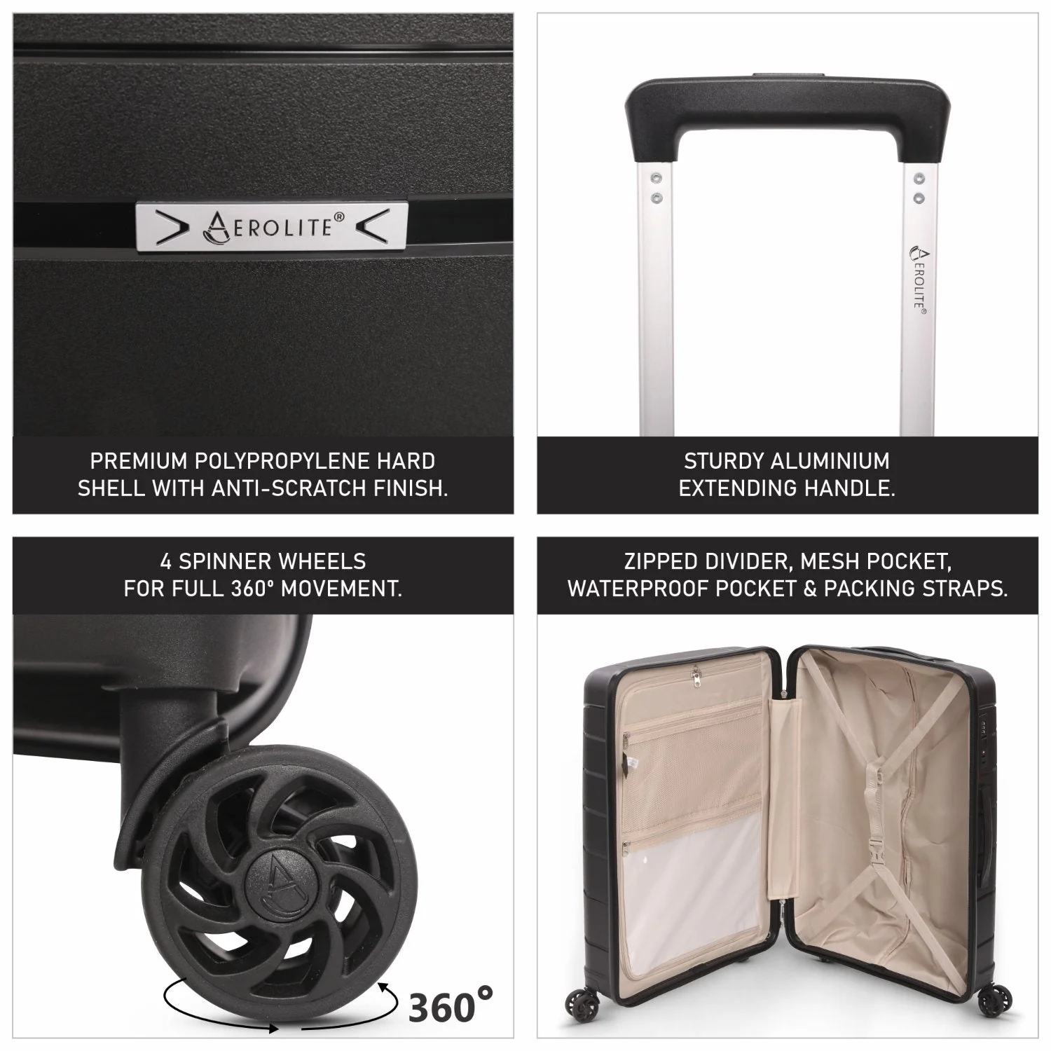 Aerolite Medium 24" 67L Lightweight Polypropylene Hard Shell Check-In Suitcase, Dual 4-Spinner Wheels, TSA Lock, Organised Interior, 5 Years Warranty – Black - Image 3
