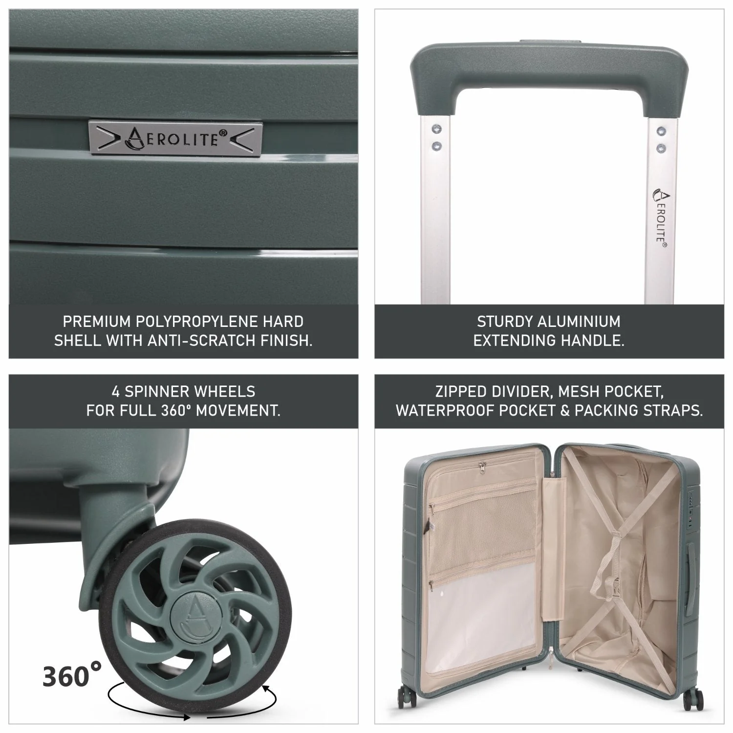Aerolite Medium 24in (67L) Lightweight Polypropylene Hard Shell Check-In Luggage Suitcase, Dual 4-Spinner Wheels, TSA Lock, Organised Interior, Durable Travel Case – Green - Image 3