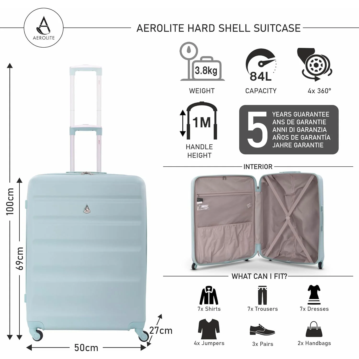 Aerolite 25" Large (69x50x27cm) Lightweight Hard Shell Luggage Suitcase, Lightweight & Strong with 4 Wheels, 5 Years Guarantee - Image 12