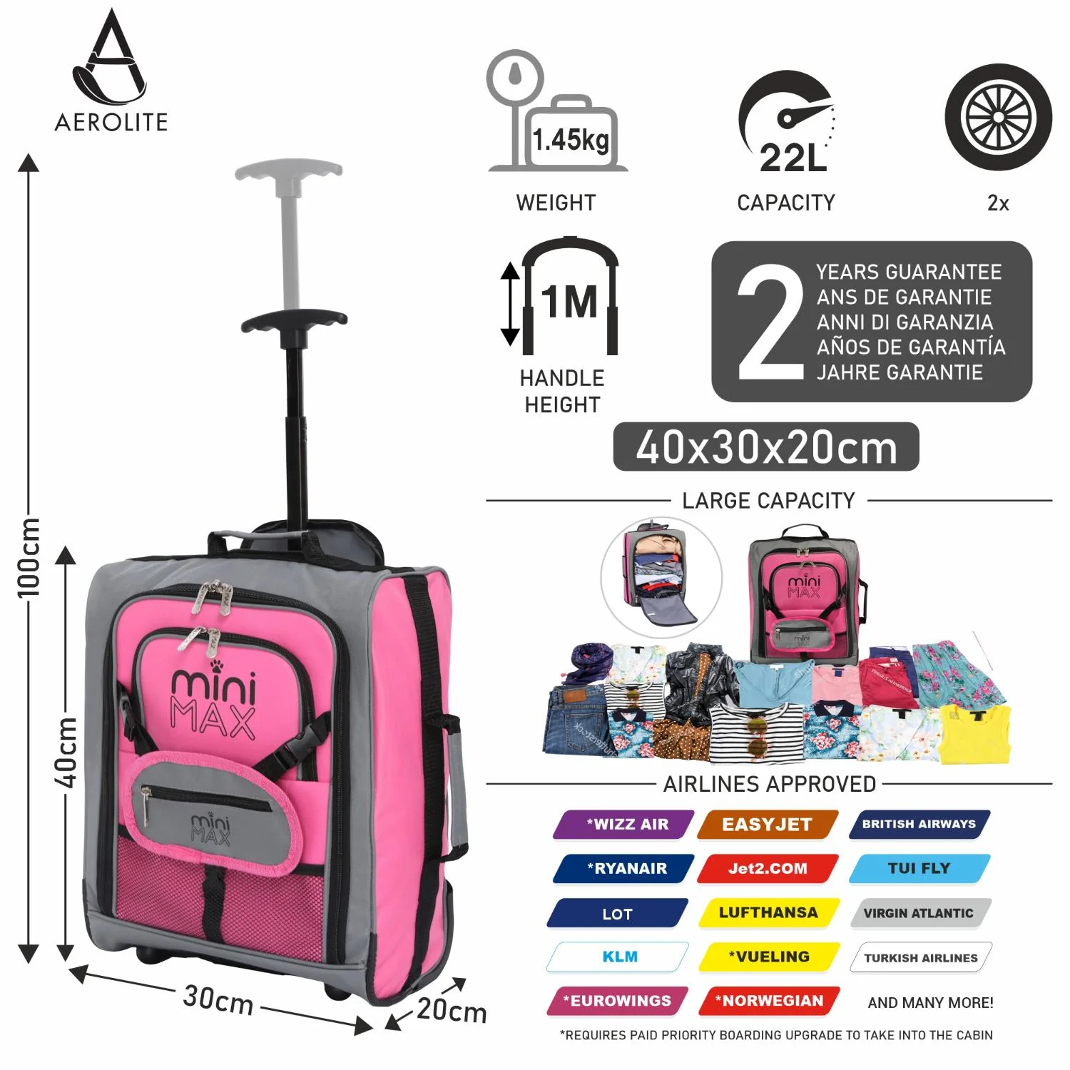 Aerolite MiniMAX Ryanair & Wizz Air 40x30x20 Maximum Size Cabin Hand Luggage Under Seat Trolley Backpack Carry On Bag 2 Wheel - Image 10