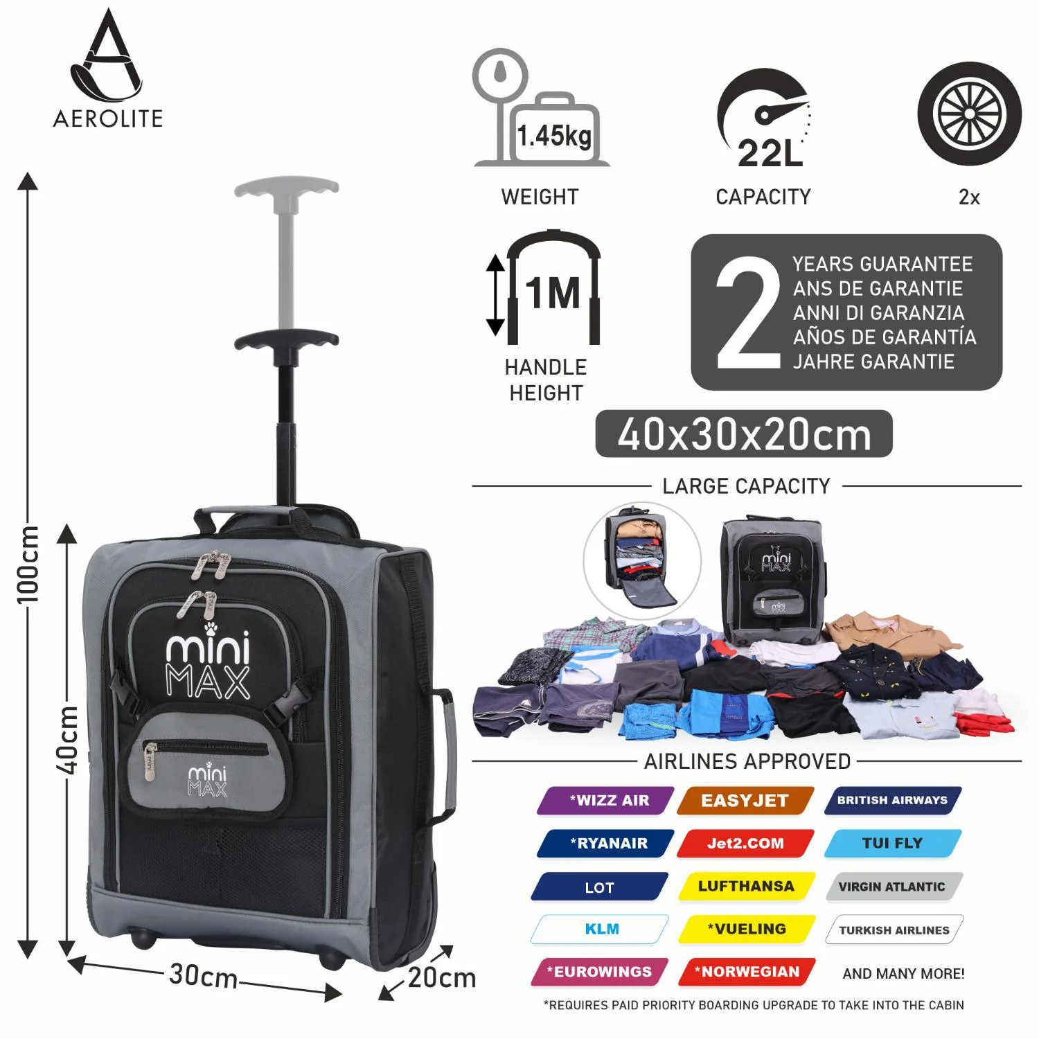 Aerolite MiniMAX Ryanair & Wizz Air 40x30x20 Maximum Size Cabin Hand Luggage Under Seat Trolley Backpack Carry On Bag 2 Wheel - Image 13