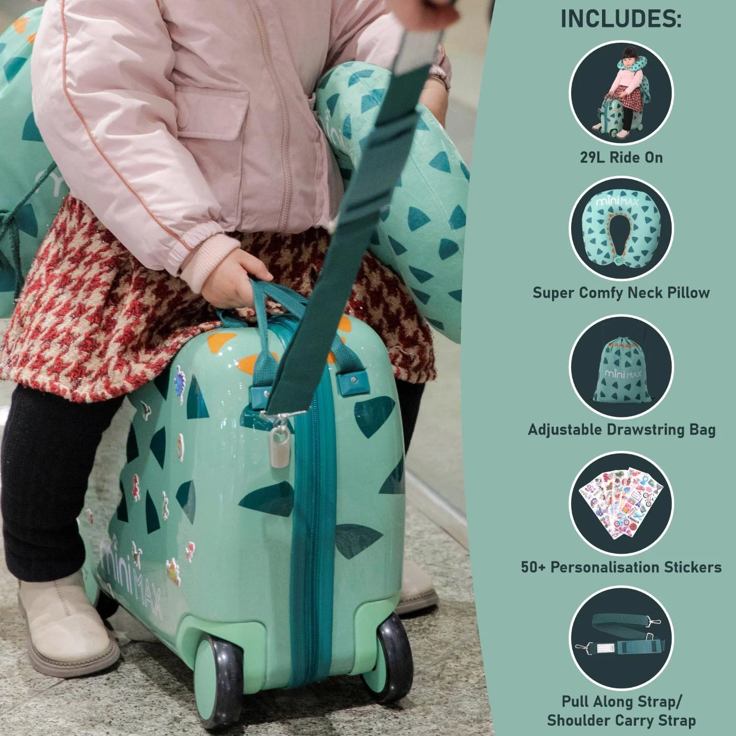 Aerolite MiniMax Childrens Ride-On Suitcase Fits 45x36x20cm EasyJet Maximum Size Kids Hand Luggage With Wheels 29L - Green Dinosaur - Image 3