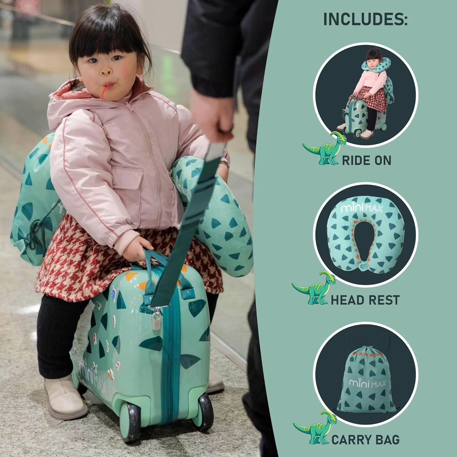 Aerolite MiniMax Childrens Ride-On Suitcase Fits 45x36x20cm EasyJet Maximum Size Kids Hand Luggage With Wheels 29L - Green Dinosaur - Image 5