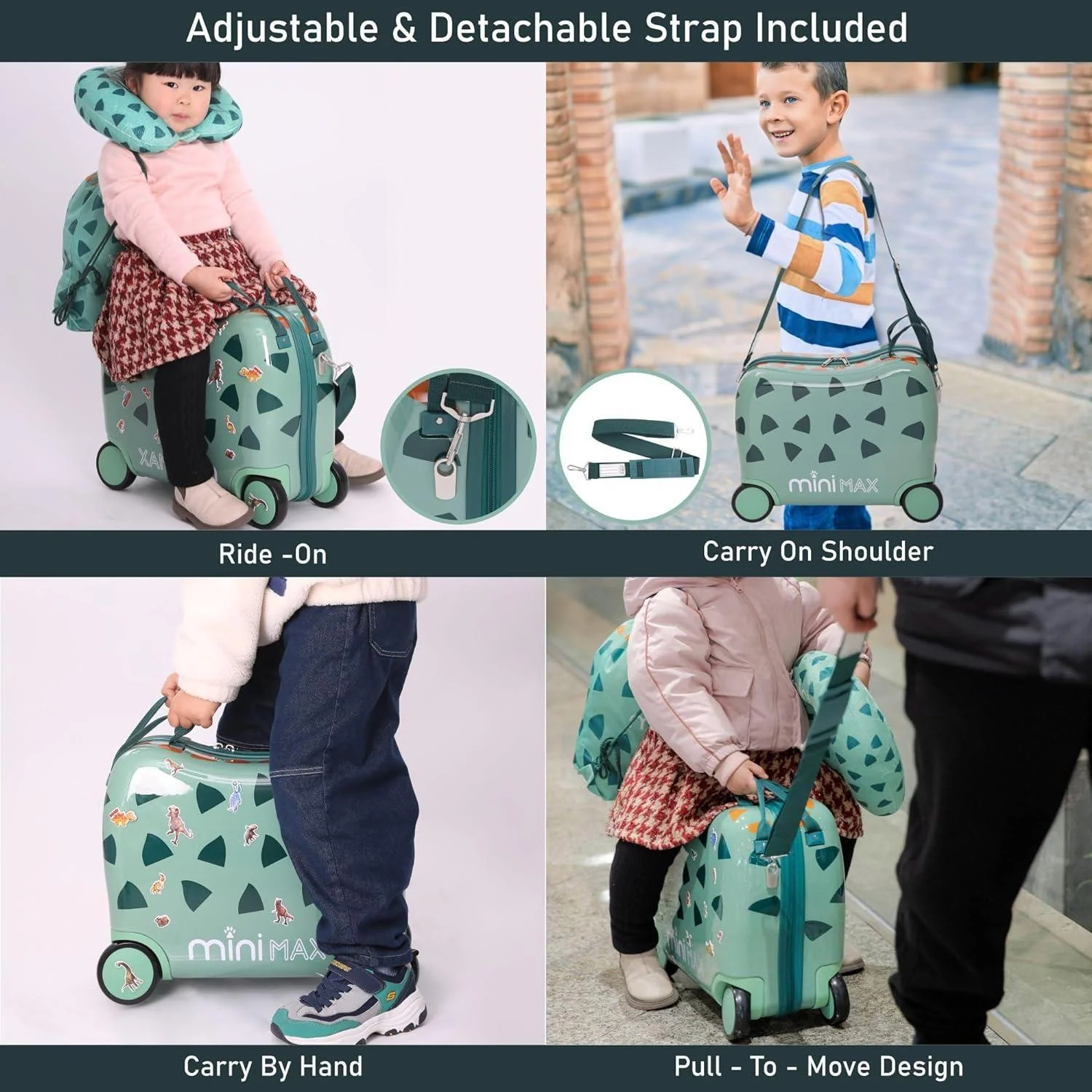 Aerolite MiniMax Childrens Ride-On Suitcase Fits 45x36x20cm EasyJet Maximum Size Kids Hand Luggage With Wheels 29L - Green Dinosaur - Image 6
