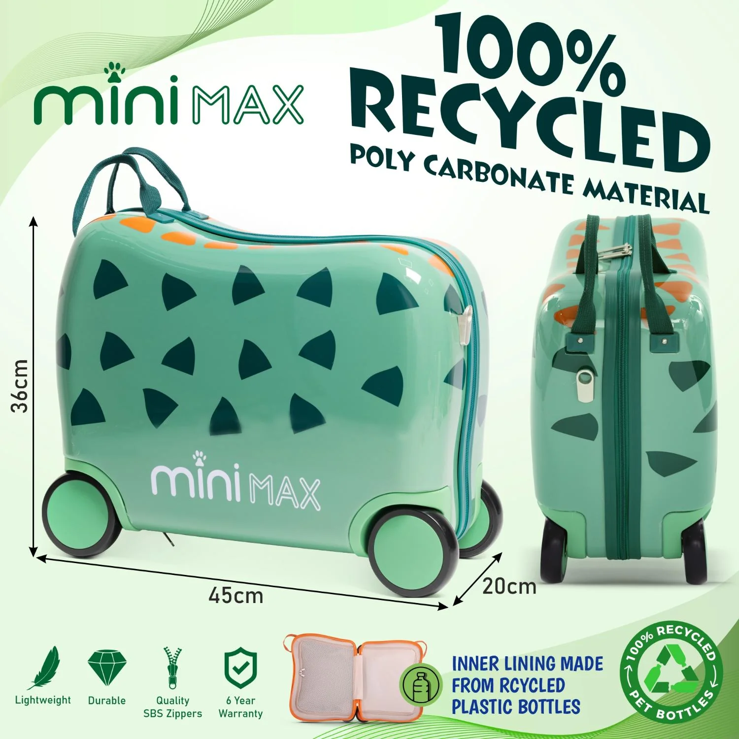 Aerolite MiniMax Childrens Ride-On Suitcase Fits 45x36x20cm EasyJet Maximum Size Kids Hand Luggage With Wheels 29L - Green Dinosaur - Image 8