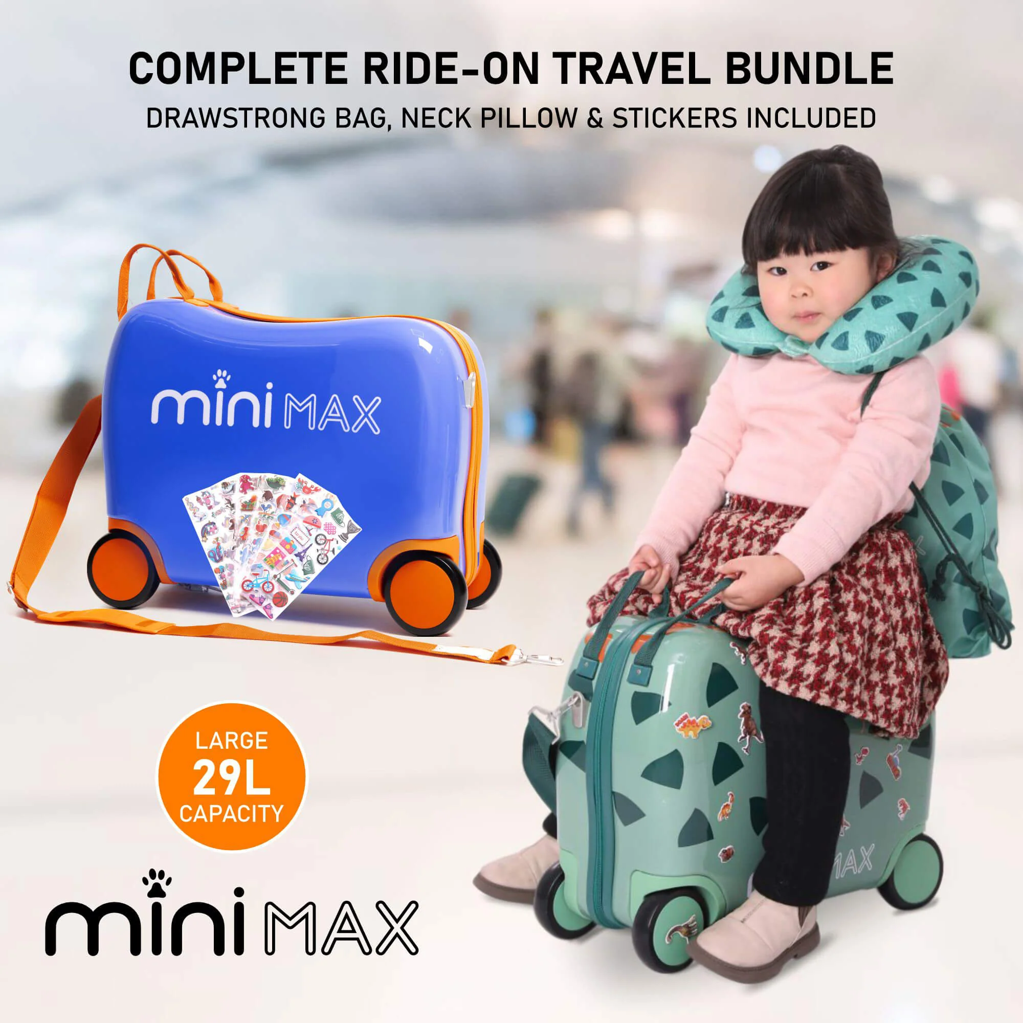 Aerolite MiniMax Childrens Ride-On Suitcase Fits 45x36x20cm EasyJet Maximum Size Kids Hand Luggage With Wheels 29L - Green Dinosaur - Image 16