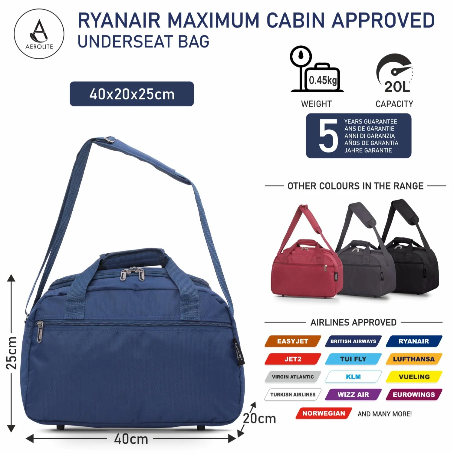 Aerolite (40x20x25cm) Ryanair Maximum Size Hand Luggage New & Improved 2025 Under Seat Holdall Bag - Image 10