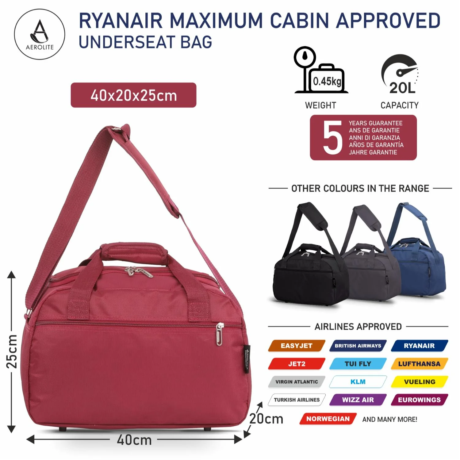 Aerolite (40x20x25cm) Ryanair Maximum Size Hand Luggage New & Improved 2025 Under Seat Holdall Bag - Image 13