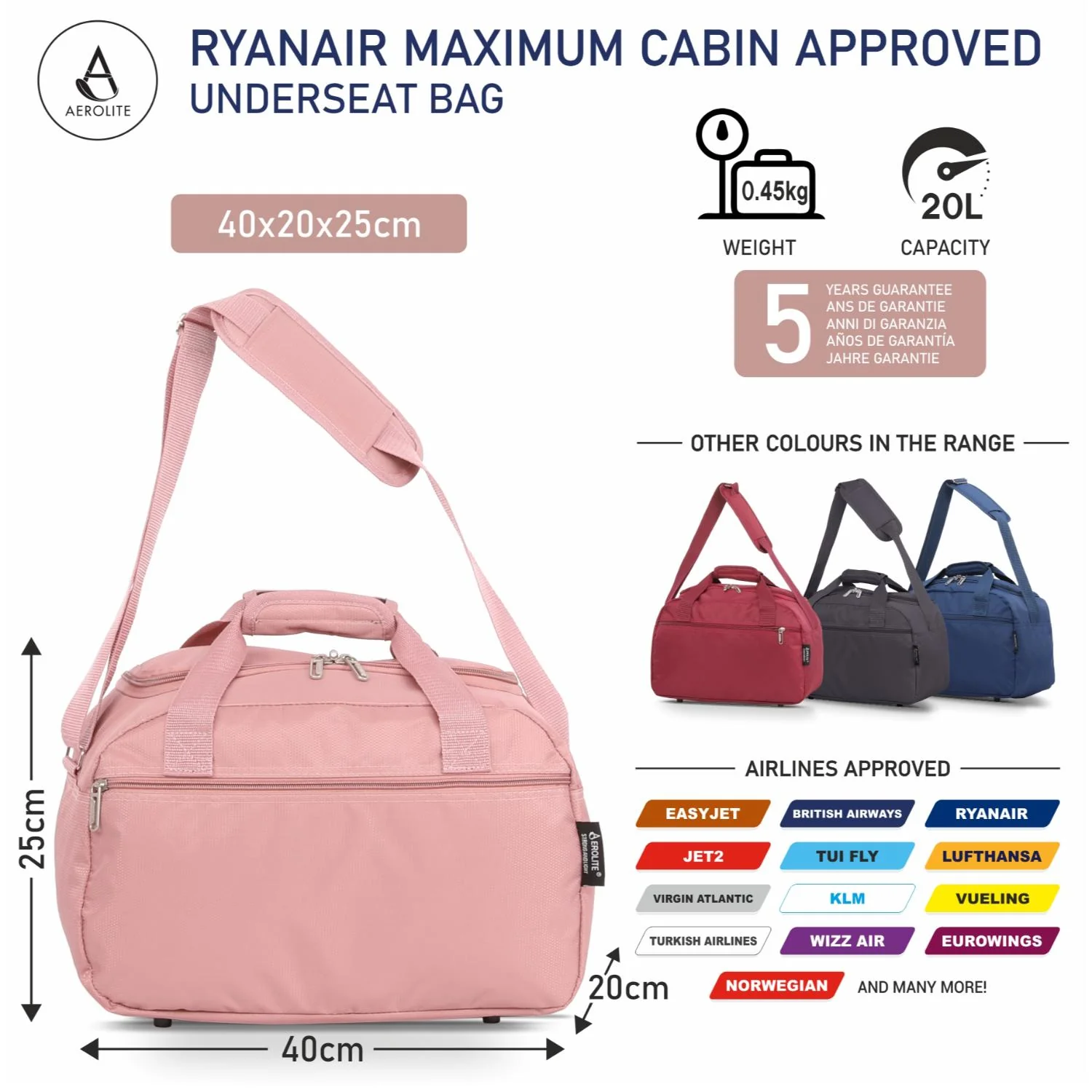 Aerolite (40x20x25cm) Ryanair Maximum Size Hand Luggage New & Improved 2025 Under Seat Holdall Bag - Image 9