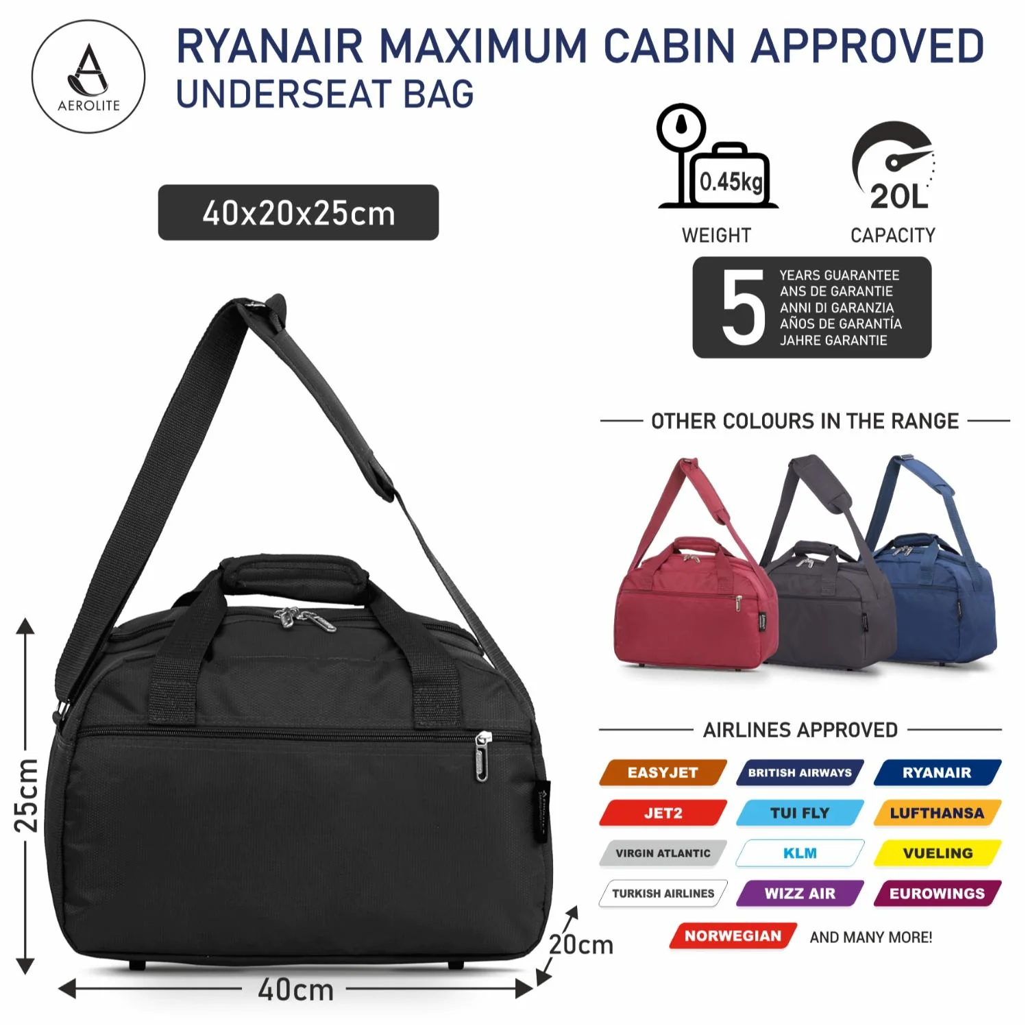 Aerolite (40x20x25cm) Hand Luggage Holdall Bag (x2 Set), Maximum Allowance For Ryanair - Image 3