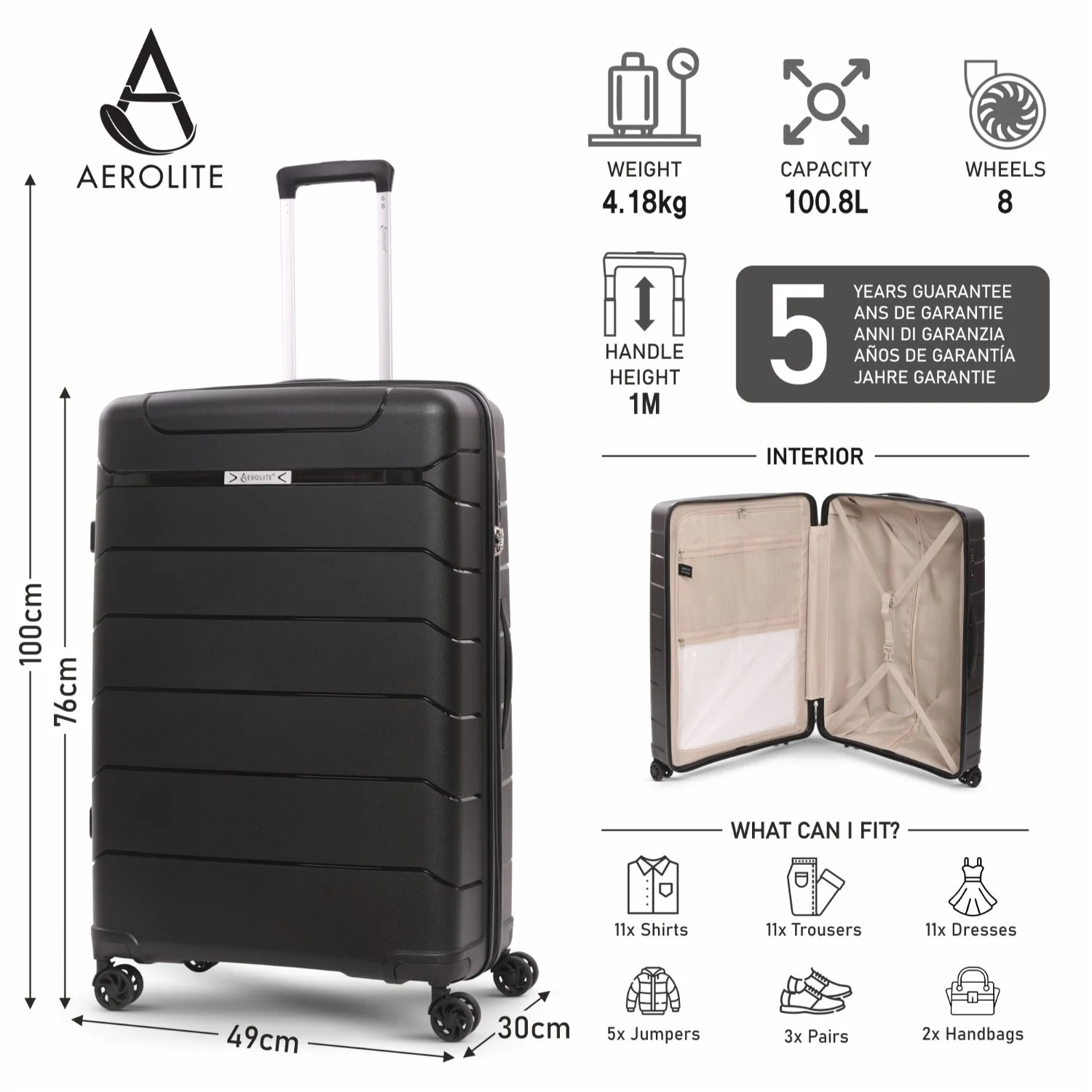 Aerolite Premium PP 3-Piece Luggage Set, Lightweight Polypropylene Hard Shell Suitcases with 4 Dual Spinner Wheels & TSA Lock, Expandable Cabin (21”), Medium (24”), Large (28”), Expandable Carry-On Case Included – Black - Image 15