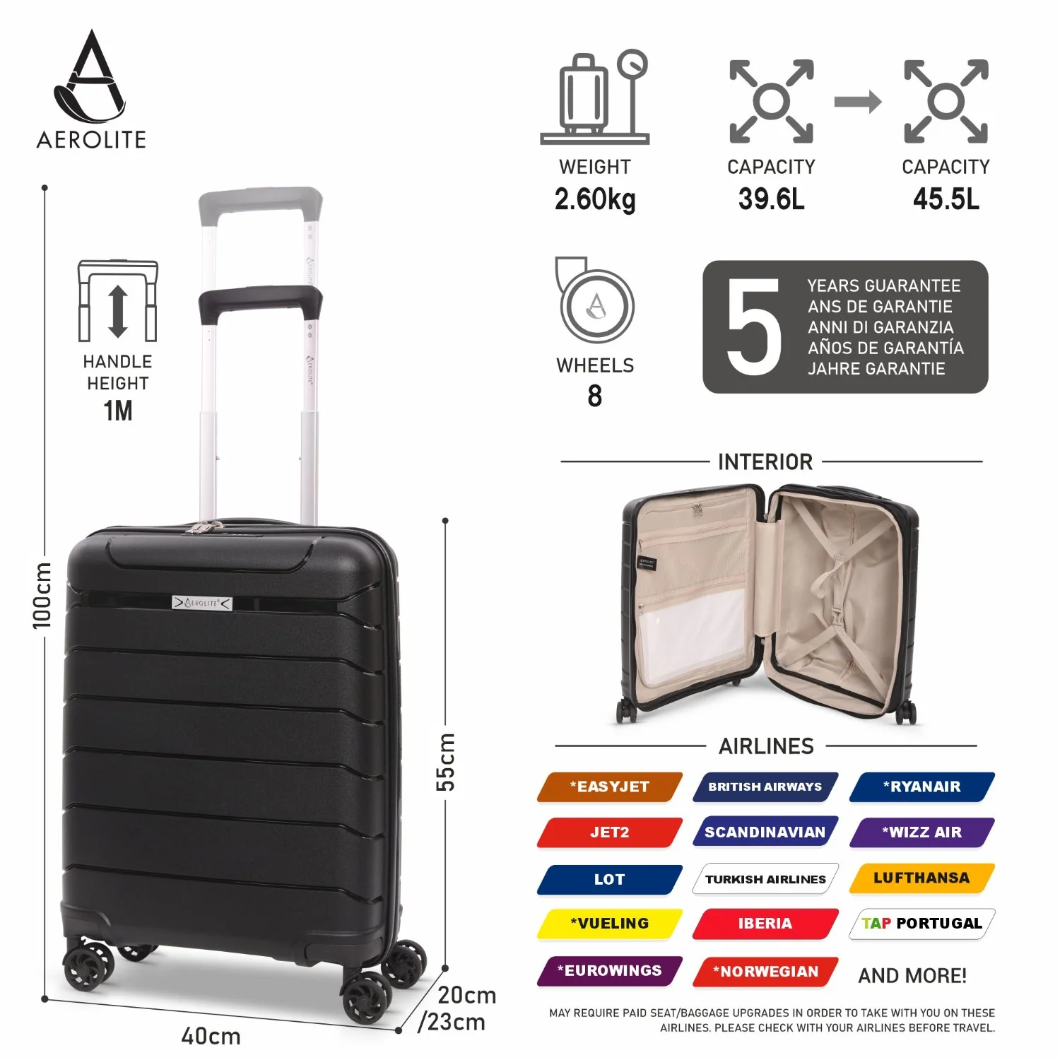 Aerolite Premium PP 3-Piece Luggage Set, Lightweight Polypropylene Hard Shell Suitcases with 4 Dual Spinner Wheels & TSA Lock, Expandable Cabin (21”), Medium (24”), Large (28”), Expandable Carry-On Case Included – Black - Image 3