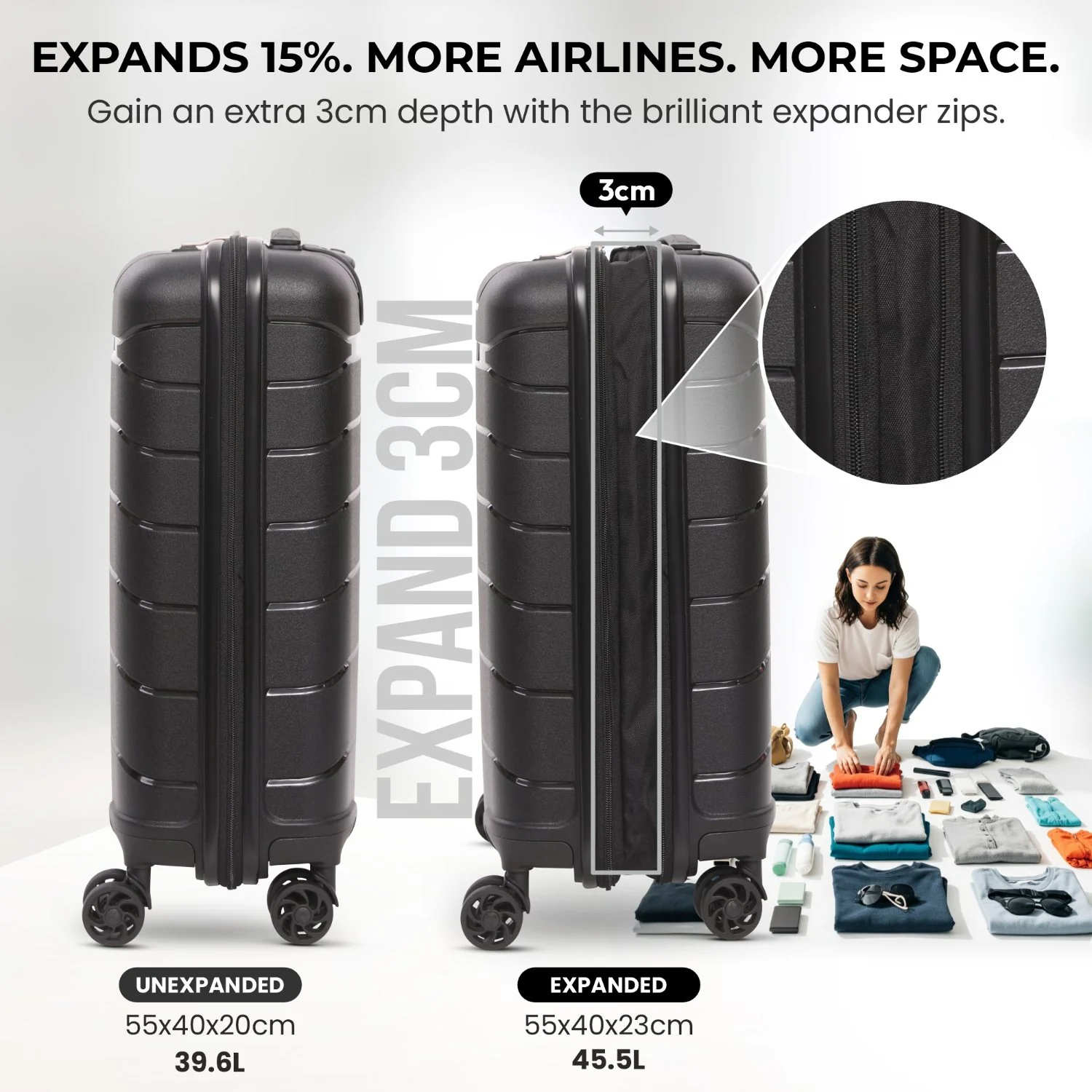 Aerolite Premium PP 3-Piece Luggage Set, Lightweight Polypropylene Hard Shell Suitcases with 4 Dual Spinner Wheels & TSA Lock, Expandable Cabin (21”), Medium (24”), Large (28”), Expandable Carry-On Case Included – Black - Image 4