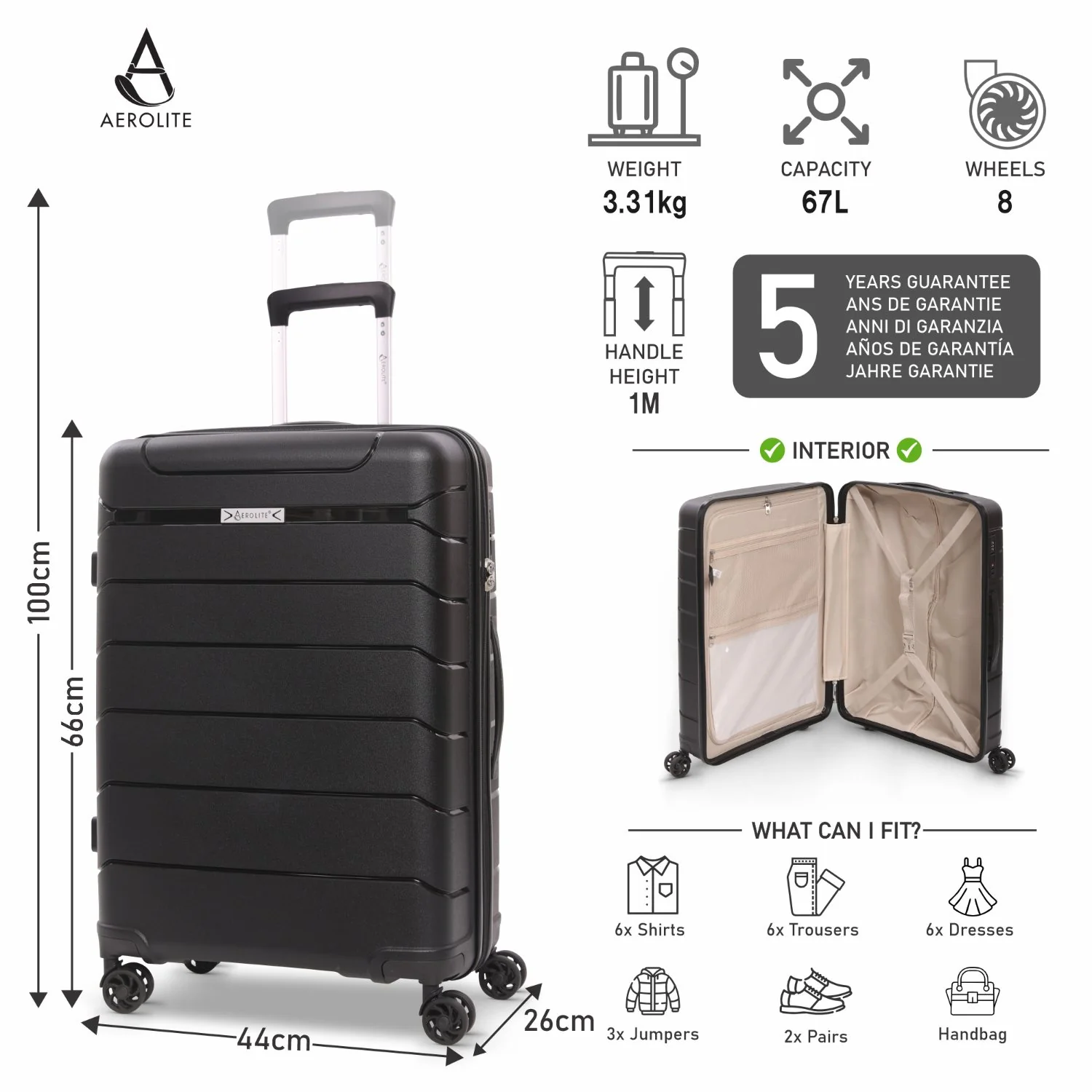 Aerolite Premium PP 3-Piece Luggage Set, Lightweight Polypropylene Hard Shell Suitcases with 4 Dual Spinner Wheels & TSA Lock, Expandable Cabin (21”), Medium (24”), Large (28”), Expandable Carry-On Case Included – Black - Image 9