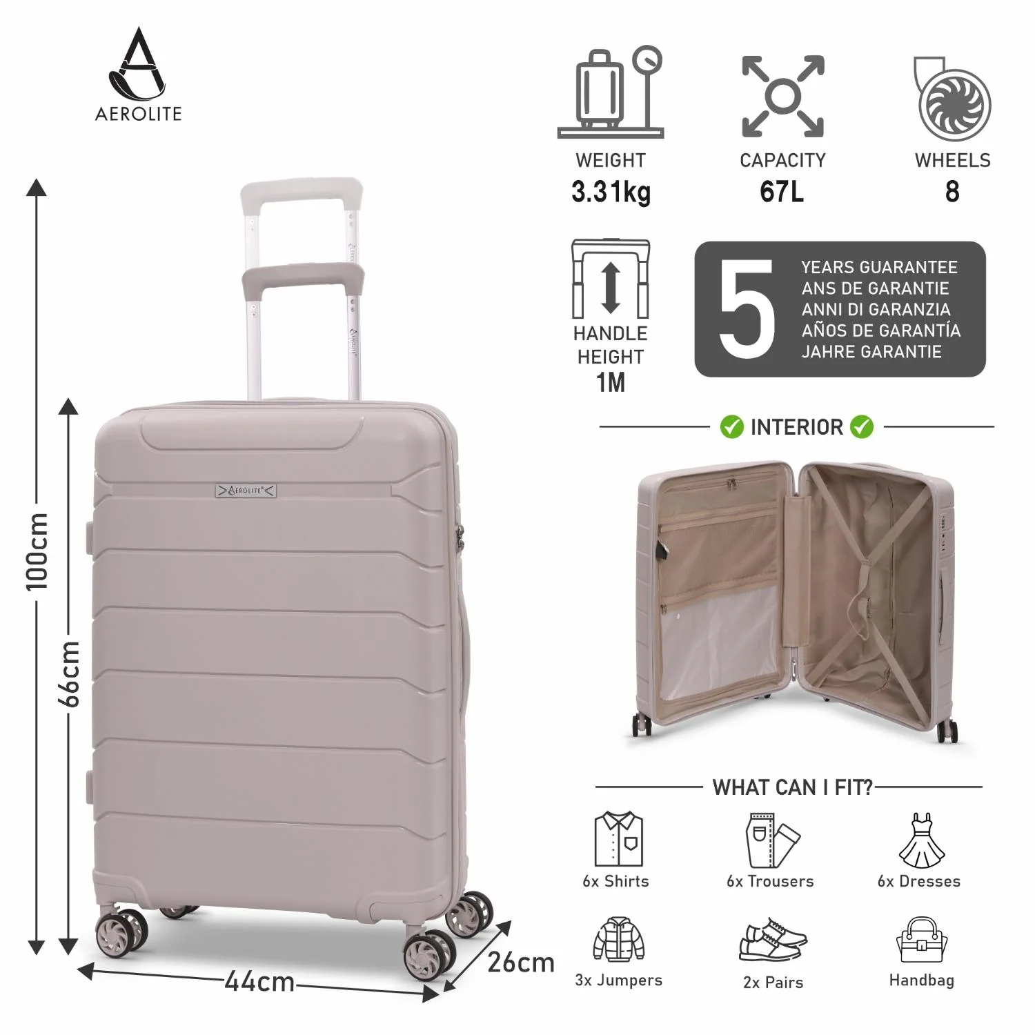 Aerolite Premium PP 3-Piece Luggage Set, Lightweight Polypropylene Hard Shell Suitcases with 4 Dual Spinner Wheels & TSA Lock, Expandable Cabin (21”), Medium (24”), Large (28”), Expandable Carry-On Case Included – Cream - Image 10