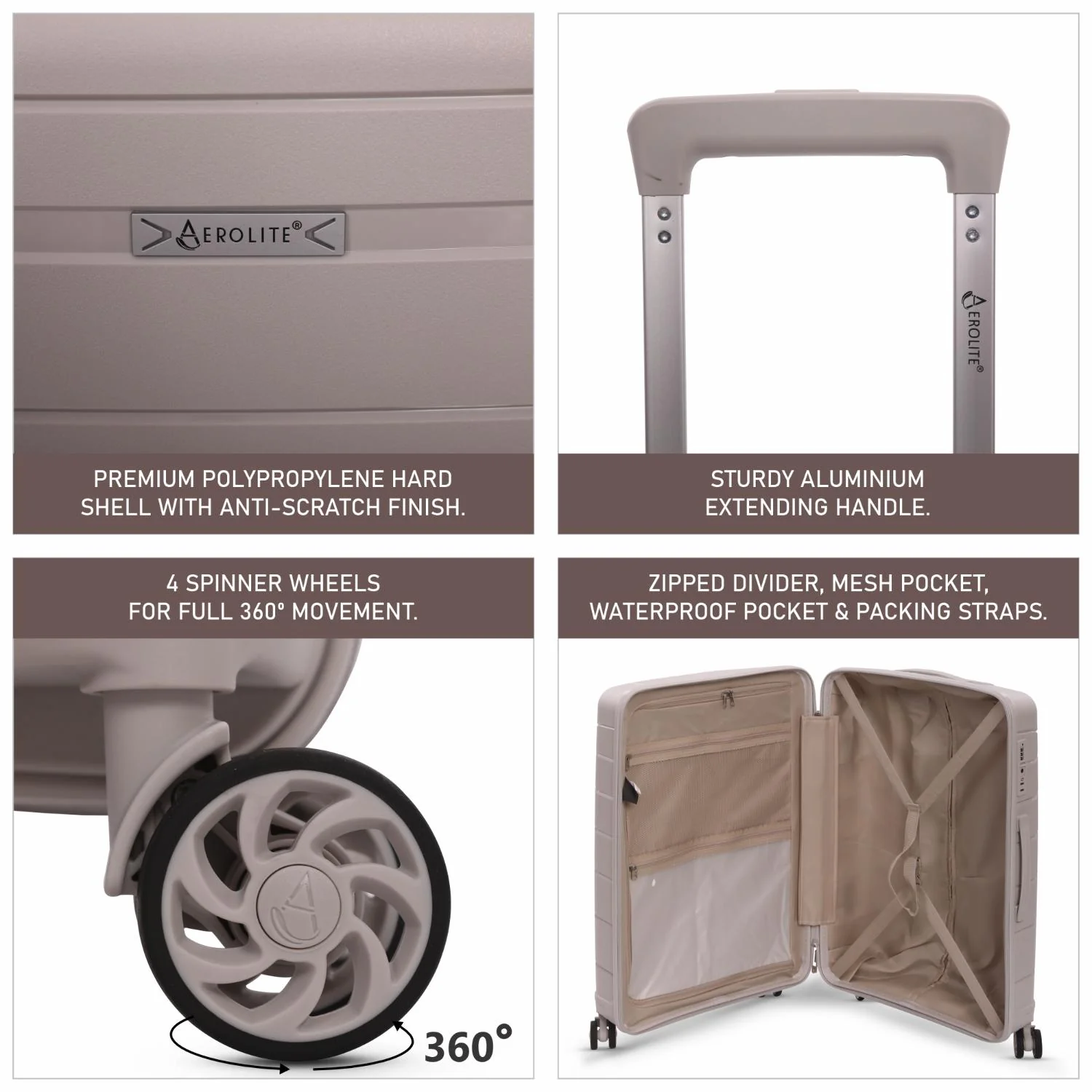 Aerolite Premium PP 3-Piece Luggage Set, Lightweight Polypropylene Hard Shell Suitcases with 4 Dual Spinner Wheels & TSA Lock, Expandable Cabin (21”), Medium (24”), Large (28”), Expandable Carry-On Case Included – Cream - Image 11