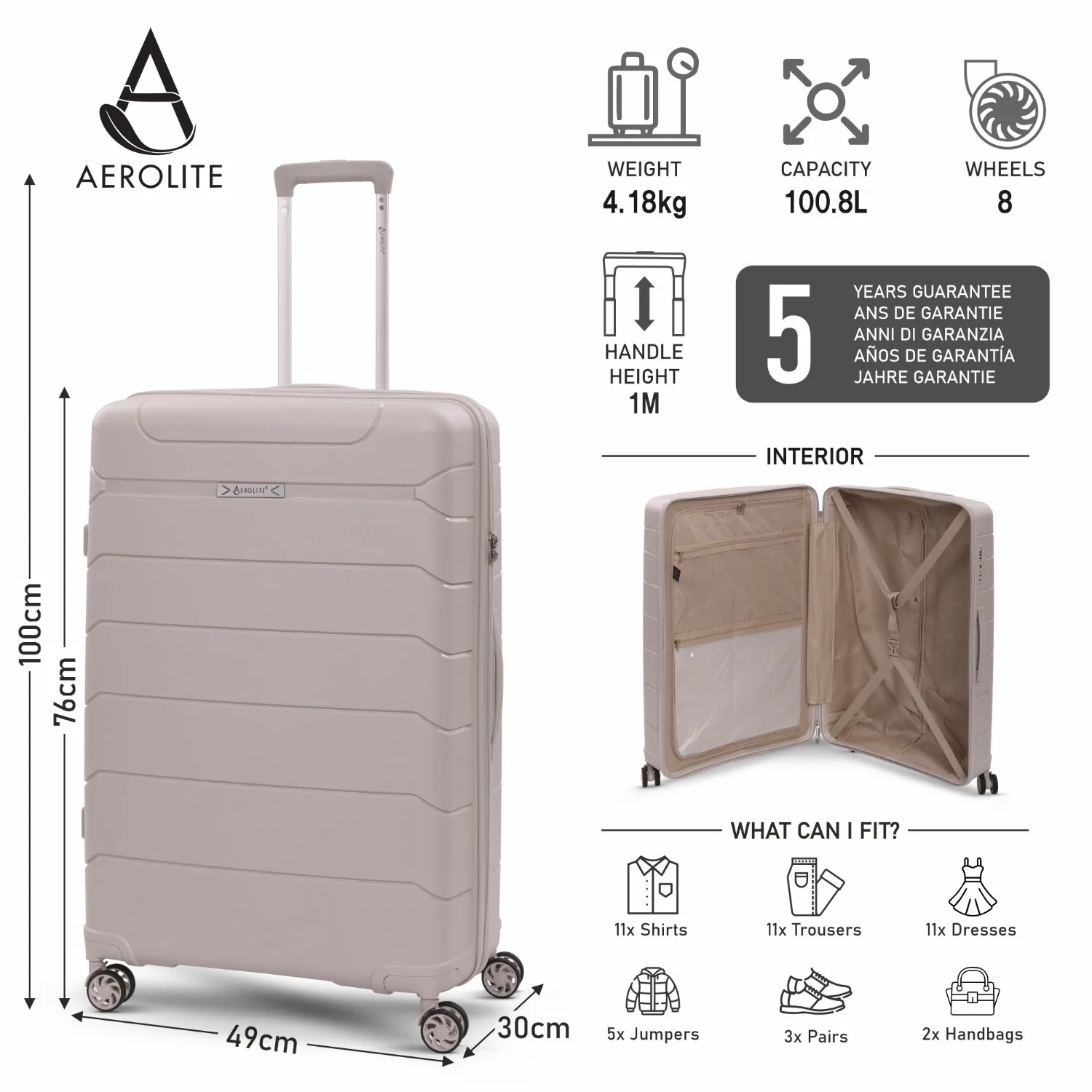 Aerolite Premium PP 3-Piece Luggage Set, Lightweight Polypropylene Hard Shell Suitcases with 4 Dual Spinner Wheels & TSA Lock, Expandable Cabin (21”), Medium (24”), Large (28”), Expandable Carry-On Case Included – Cream - Image 16