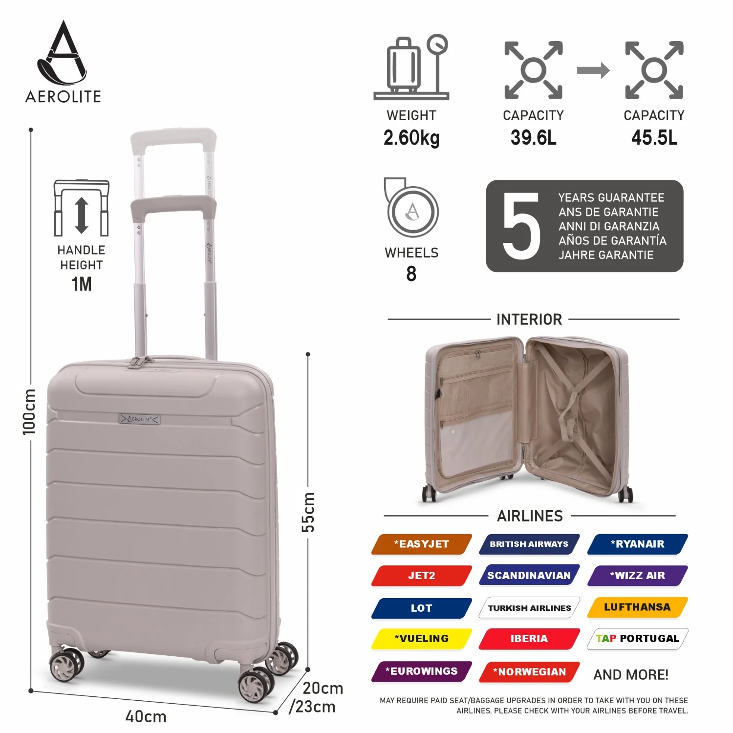 Aerolite Premium PP 3-Piece Luggage Set, Lightweight Polypropylene Hard Shell Suitcases with 4 Dual Spinner Wheels & TSA Lock, Expandable Cabin (21”), Medium (24”), Large (28”), Expandable Carry-On Case Included – Cream - Image 3