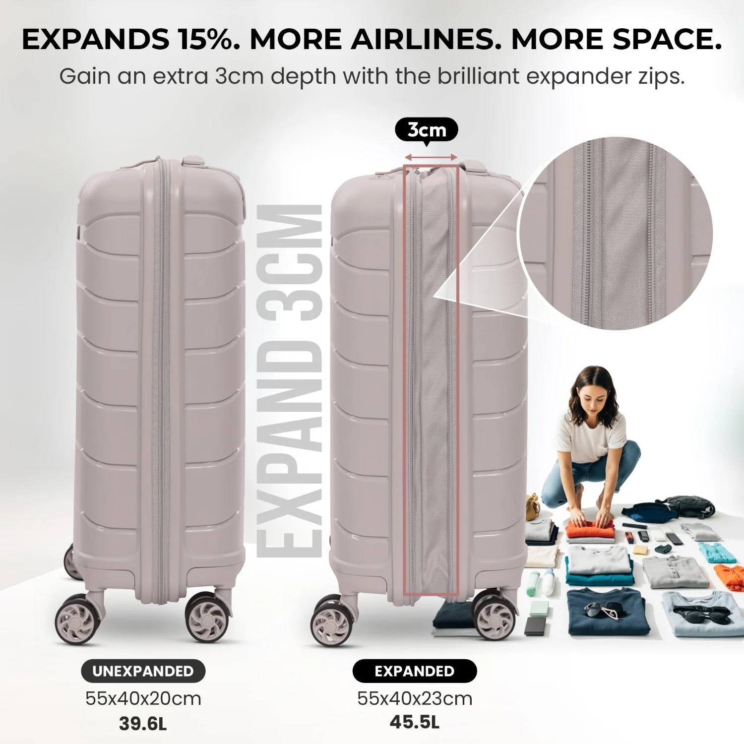 Aerolite Premium PP 3-Piece Luggage Set, Lightweight Polypropylene Hard Shell Suitcases with 4 Dual Spinner Wheels & TSA Lock, Expandable Cabin (21”), Medium (24”), Large (28”), Expandable Carry-On Case Included – Cream - Image 4