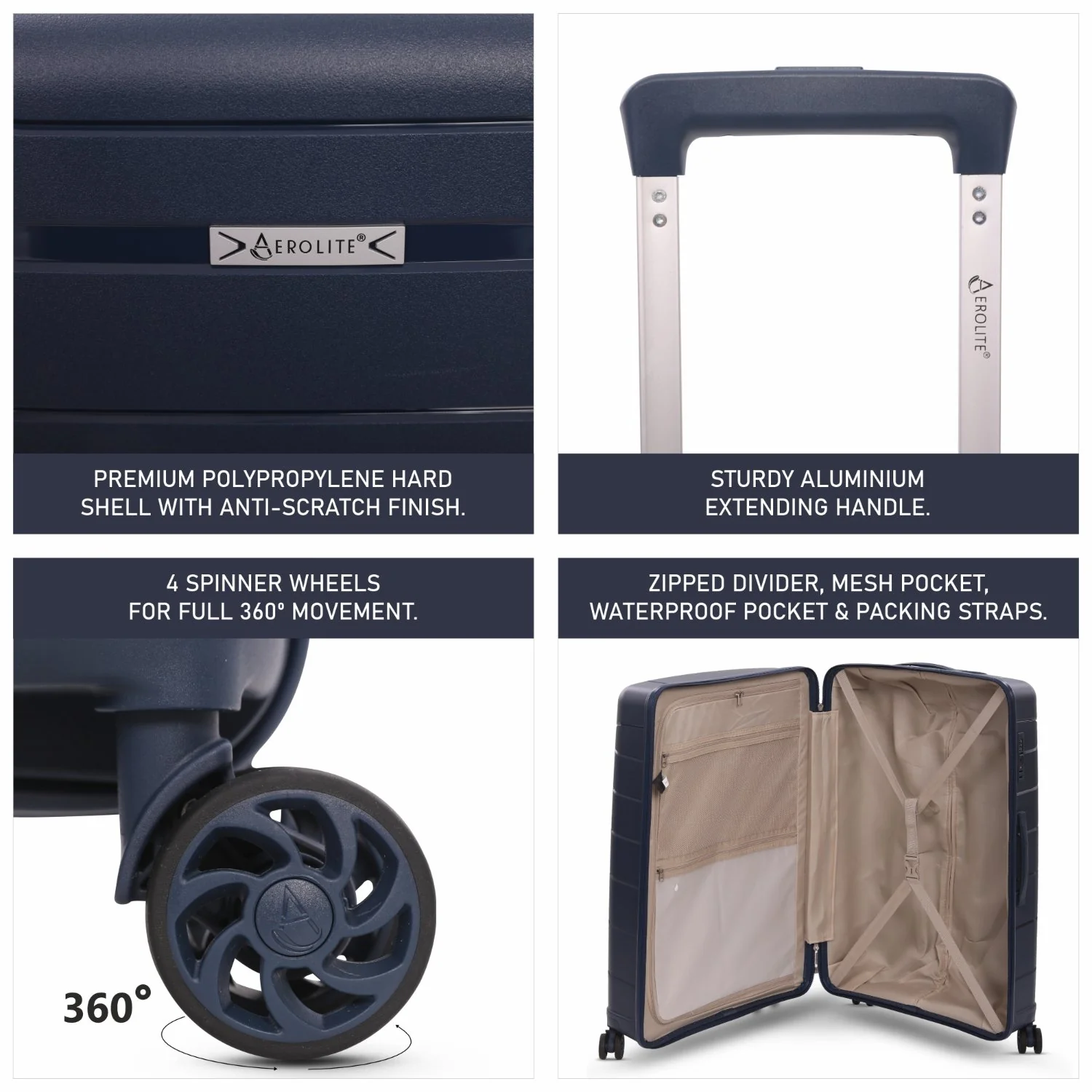 Aerolite Premium PP 3-Piece Luggage Set, Lightweight Polypropylene Hard Shell Suitcases with 4 Dual Spinner Wheels & TSA Lock, Expandable Cabin (21”), Medium (24”), Large (28”), Expandable Carry-On Case Included – Navy - Image 17