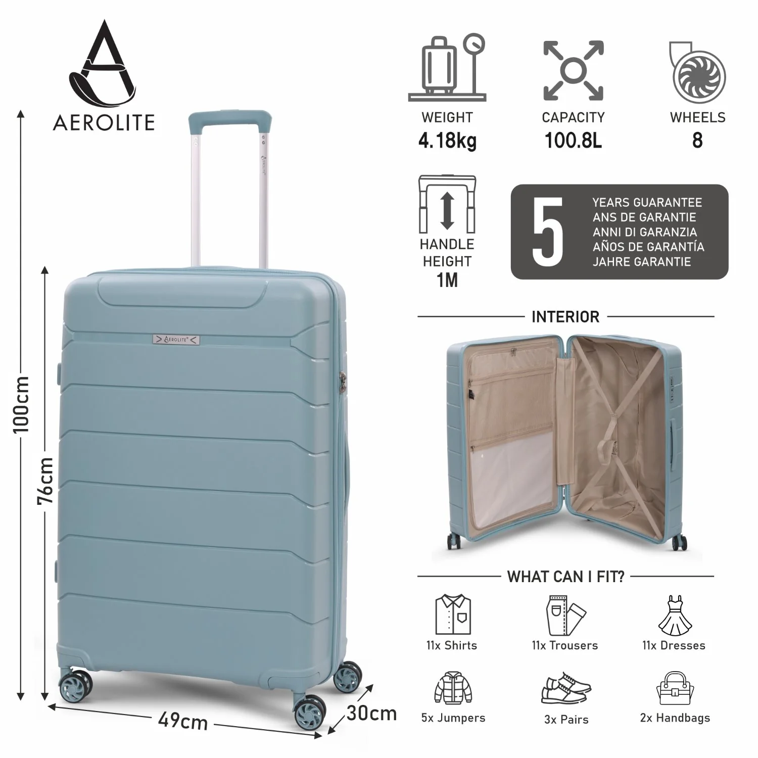 Aerolite Premium PP 3-Piece Luggage Set, Lightweight Polypropylene Hard Shell Suitcases with 4 Dual Spinner Wheels & TSA Lock, Expandable Cabin (21”), Medium (24”), Large (28”), Expandable Carry-On Case Included – Sage - Image 16