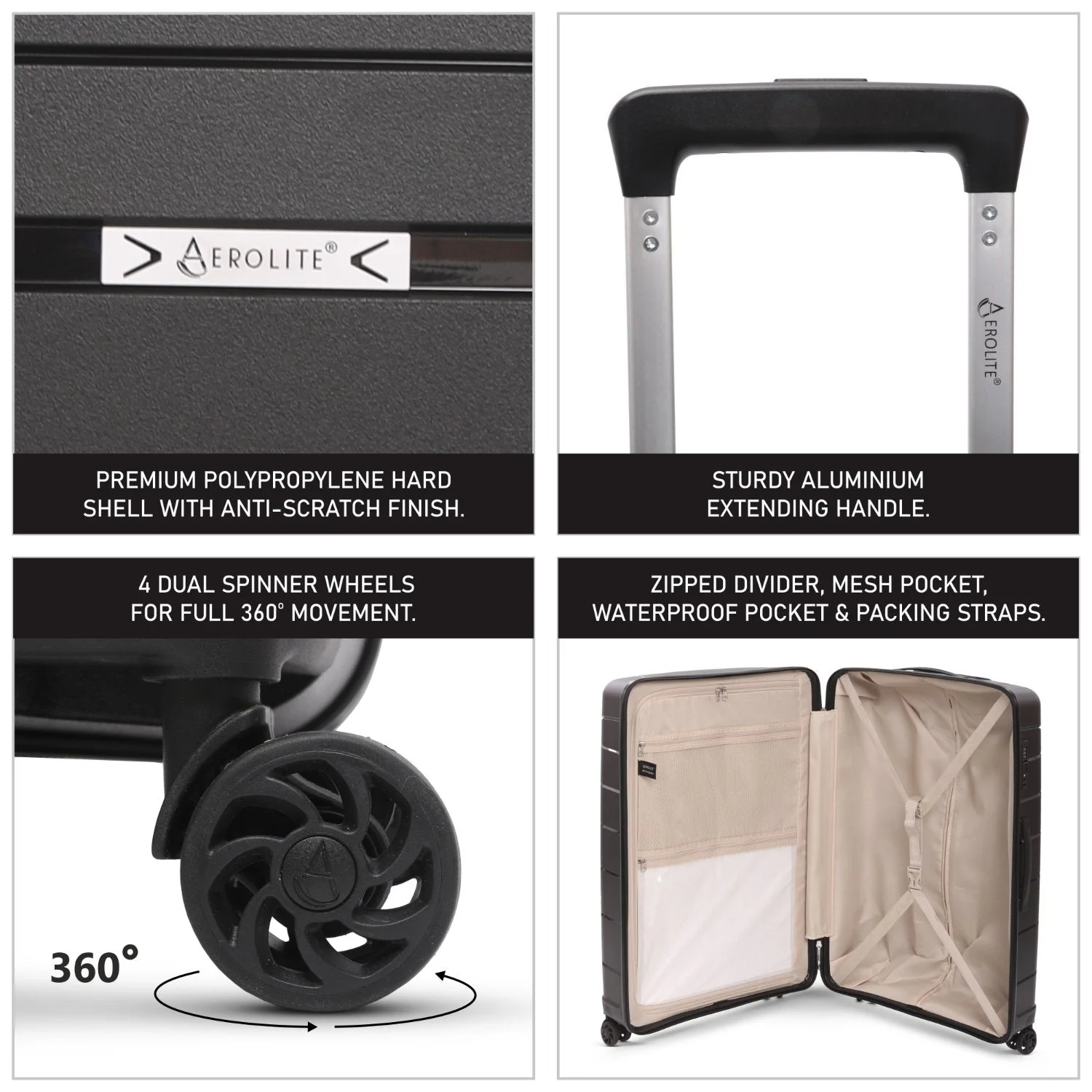 Aerolite Premium PP 4 Piece Hard Shell 4 Dual Wheel Spinner Travel Luggage Suitcase Set , Expandable Cabin + Medium + Large + Extra Large - Black - Image 16