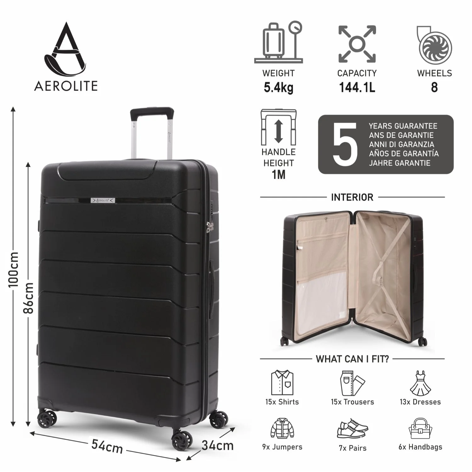 Aerolite Premium PP 4 Piece Hard Shell 4 Dual Wheel Spinner Travel Luggage Suitcase Set , Expandable Cabin + Medium + Large + Extra Large - Black - Image 21