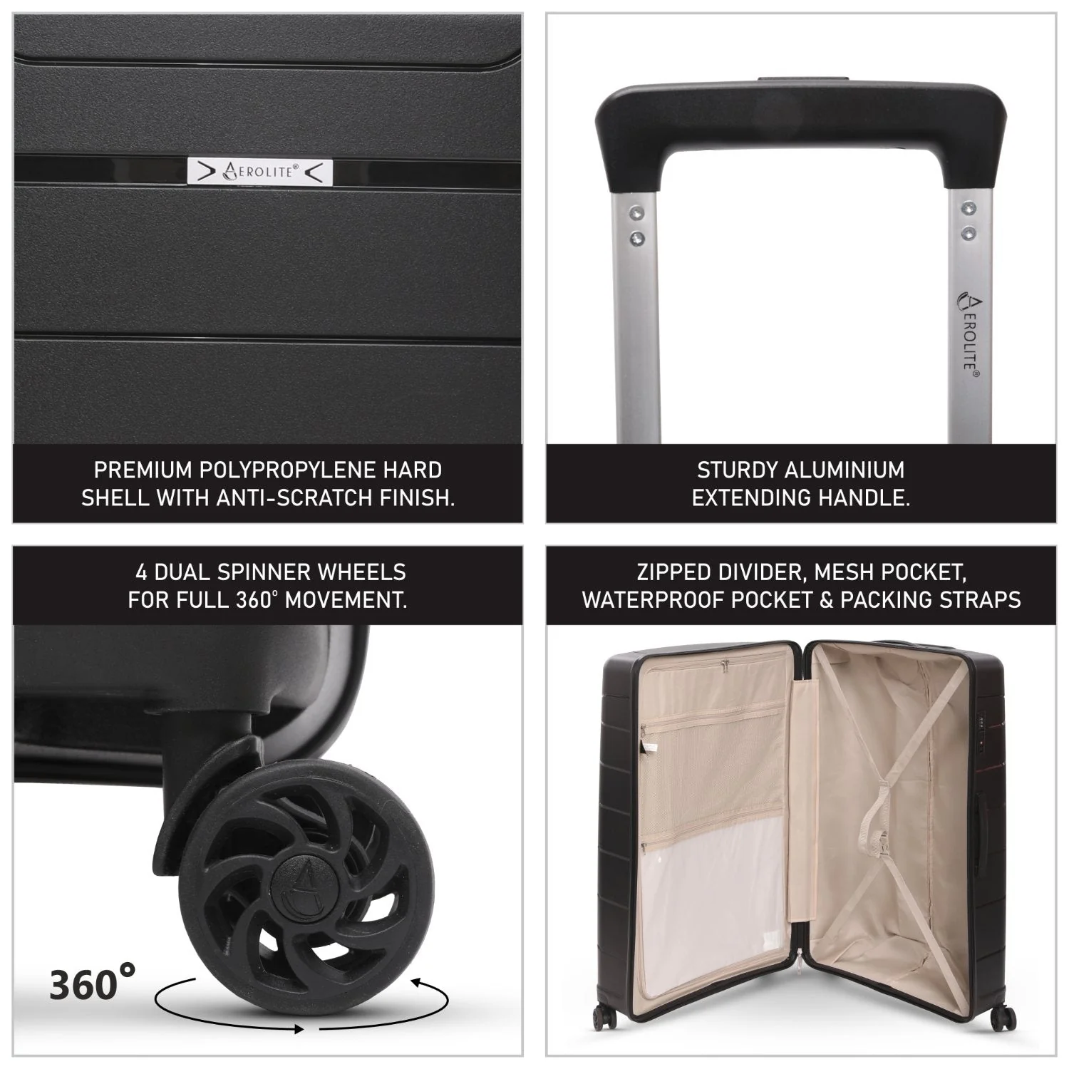 Aerolite Premium PP 4 Piece Hard Shell 4 Dual Wheel Spinner Travel Luggage Suitcase Set , Expandable Cabin + Medium + Large + Extra Large - Black - Image 22