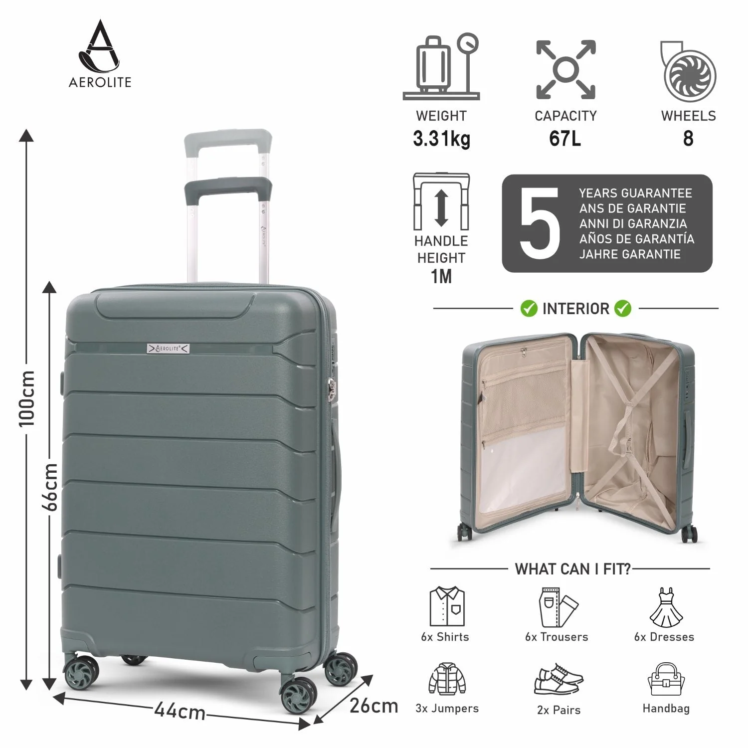 Aerolite Premium PP 4 Piece Hard Shell 4 Dual Wheel Spinner Travel Luggage Suitcase Set , Expandable Cabin + Medium + Large + Extra Large - Dark Green - Image 10