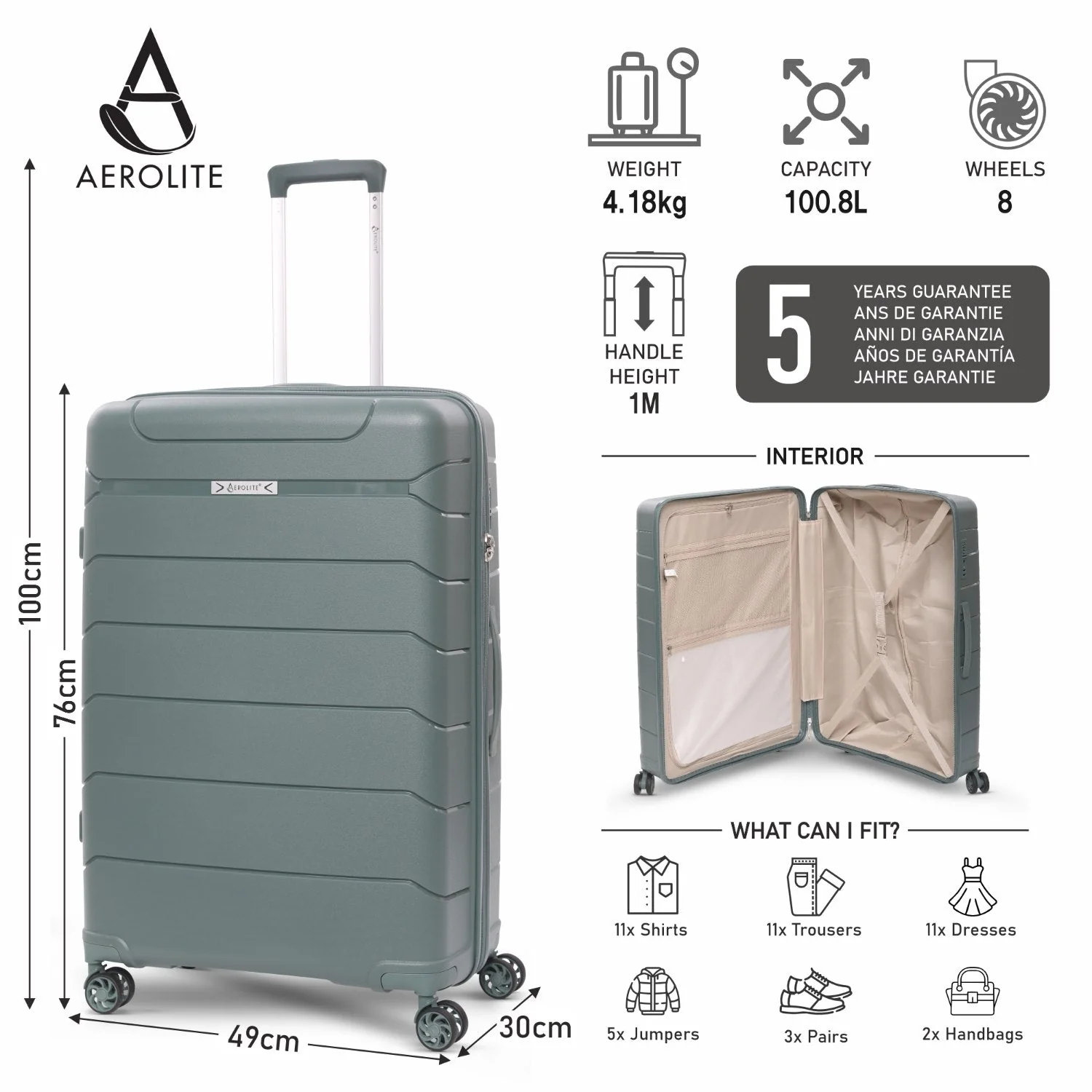 Aerolite Premium PP 4 Piece Hard Shell 4 Dual Wheel Spinner Travel Luggage Suitcase Set , Expandable Cabin + Medium + Large + Extra Large - Dark Green - Image 15