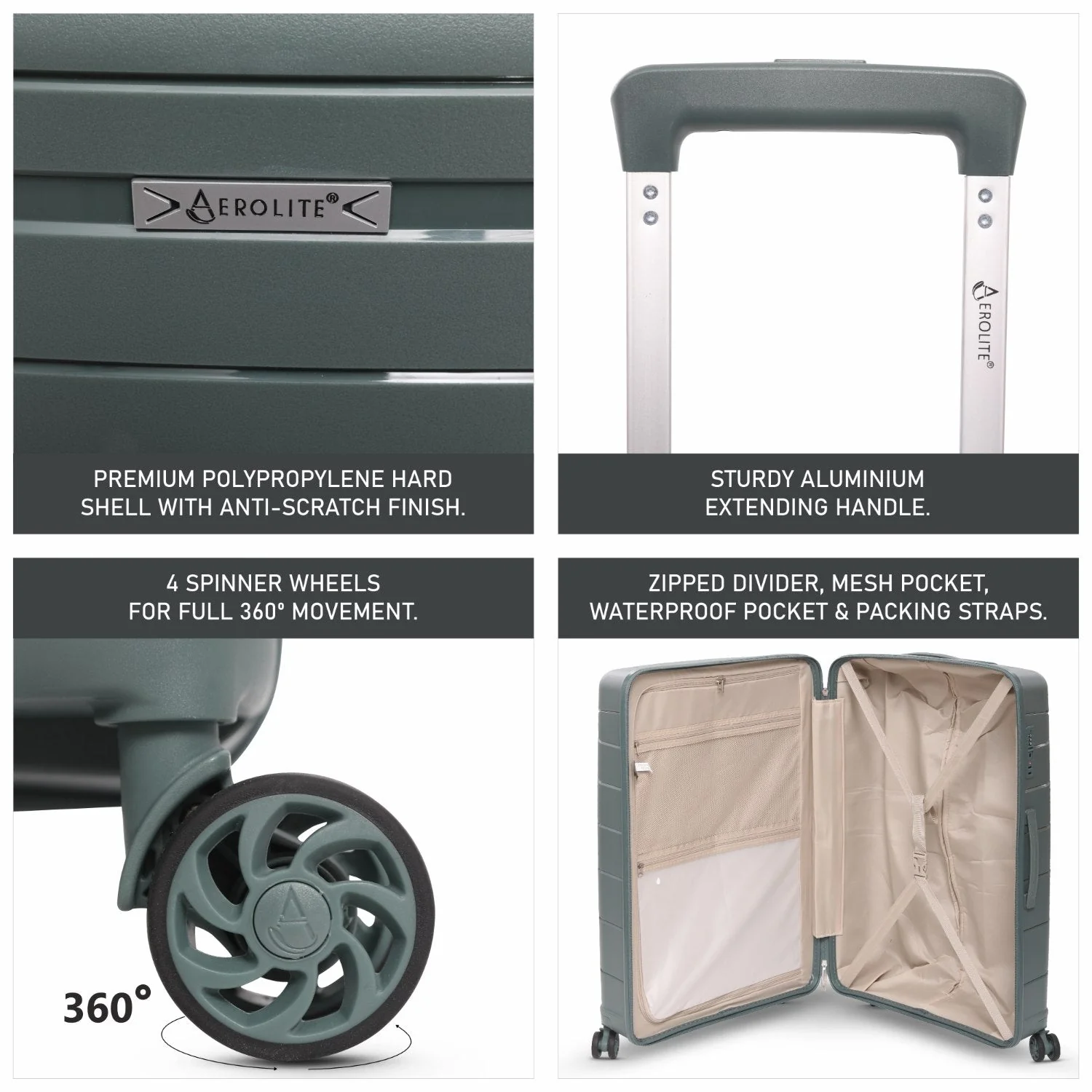 Aerolite Premium PP 4 Piece Hard Shell 4 Dual Wheel Spinner Travel Luggage Suitcase Set , Expandable Cabin + Medium + Large + Extra Large - Dark Green - Image 16