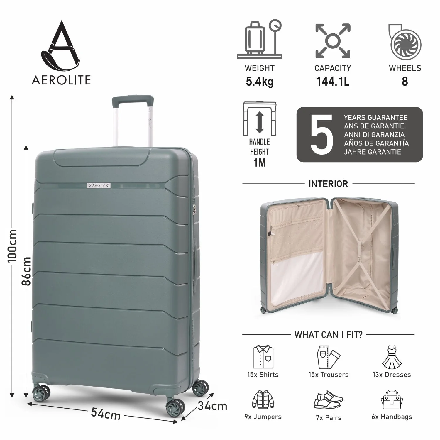 Aerolite Premium PP 4 Piece Hard Shell 4 Dual Wheel Spinner Travel Luggage Suitcase Set , Expandable Cabin + Medium + Large + Extra Large - Dark Green - Image 21