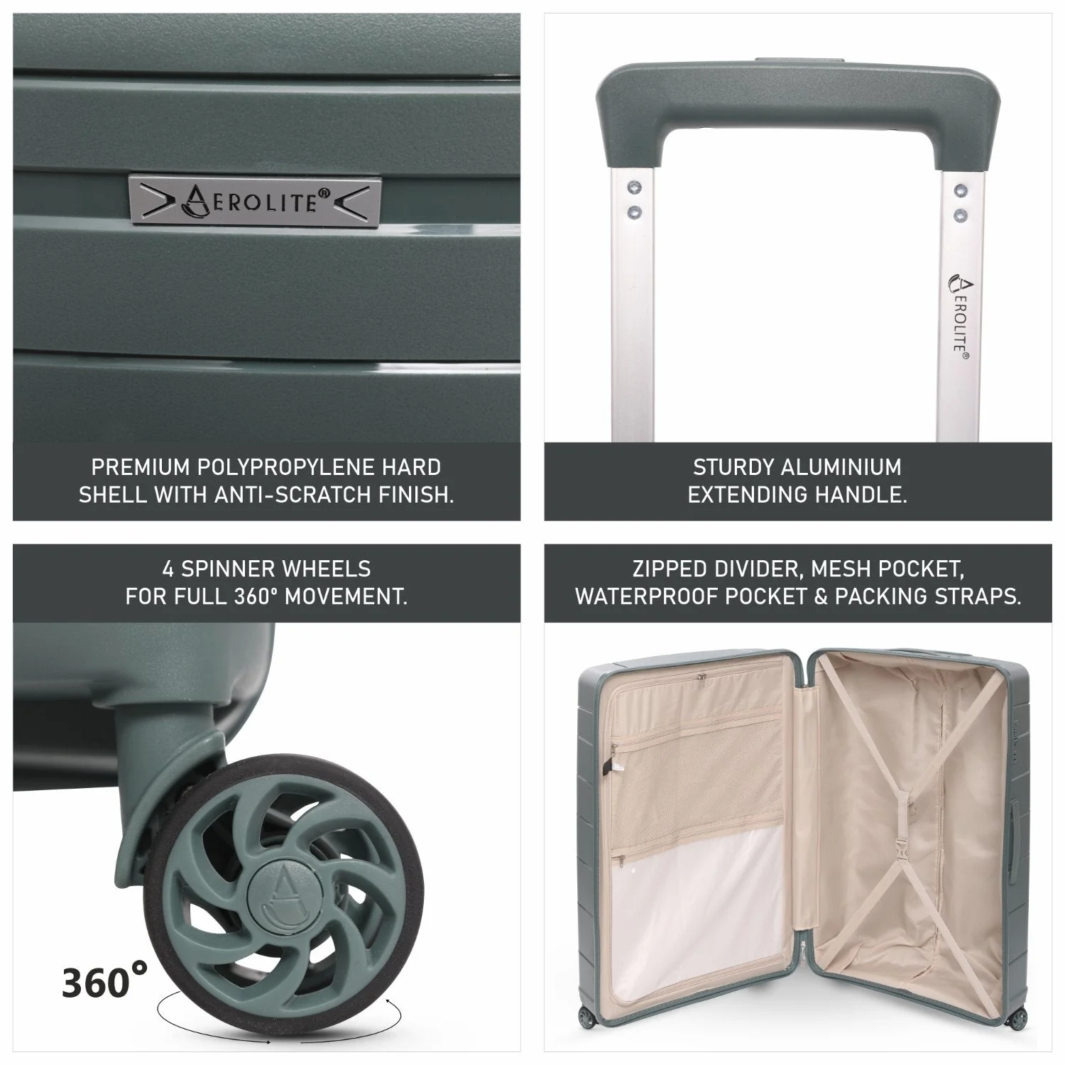 Aerolite Premium PP 4 Piece Hard Shell 4 Dual Wheel Spinner Travel Luggage Suitcase Set , Expandable Cabin + Medium + Large + Extra Large - Dark Green - Image 22