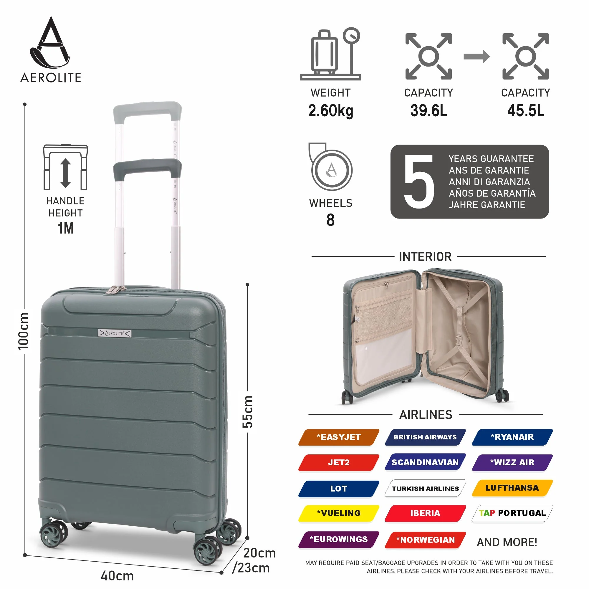 Aerolite Premium PP 4 Piece Hard Shell 4 Dual Wheel Spinner Travel Luggage Suitcase Set , Expandable Cabin + Medium + Large + Extra Large - Dark Green - Image 3