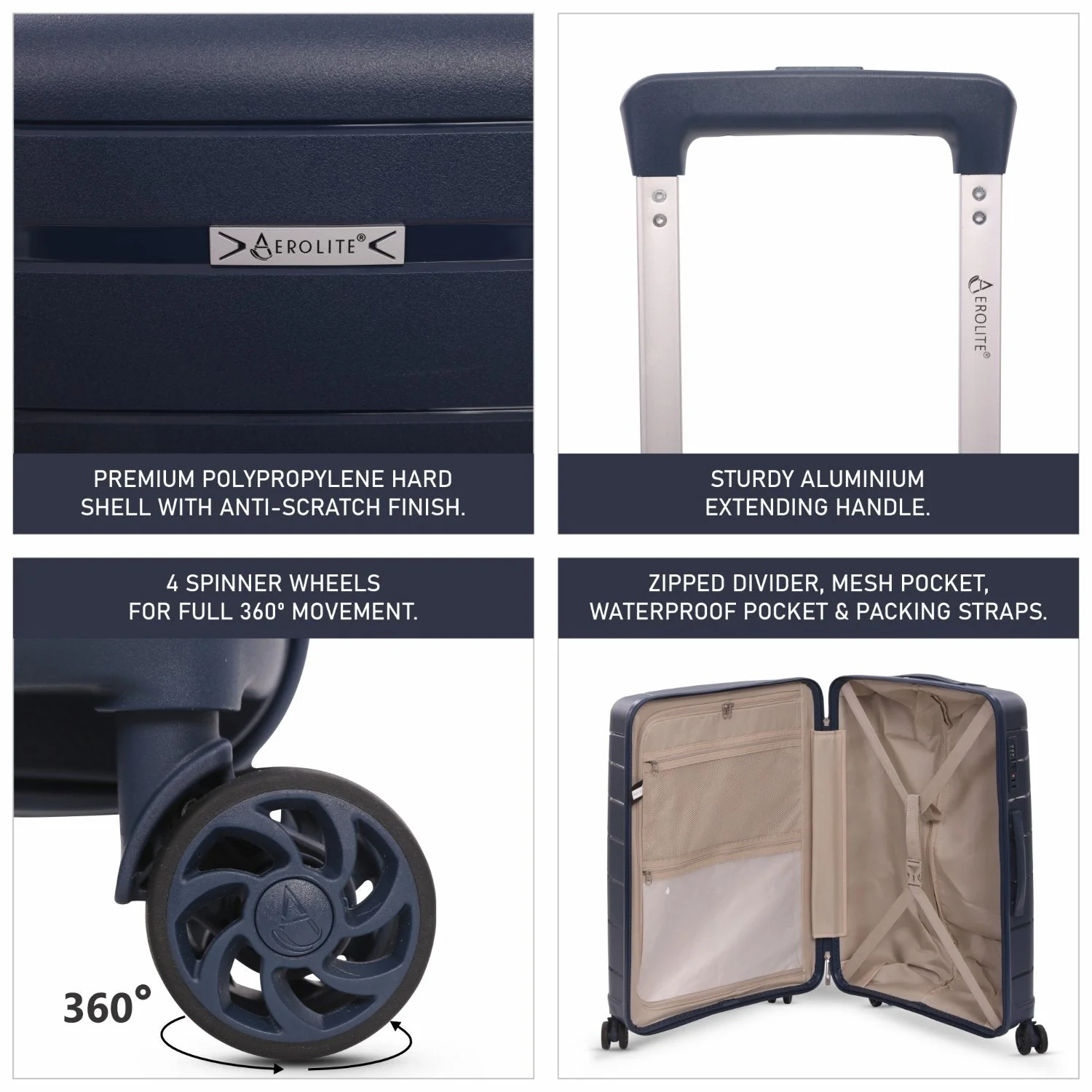 Aerolite Premium PP 4 Piece Hard Shell 4 Dual Wheel Spinner Travel Luggage Suitcase Set , Expandable Cabin + Medium + Large + Extra Large - Navy - Image 11