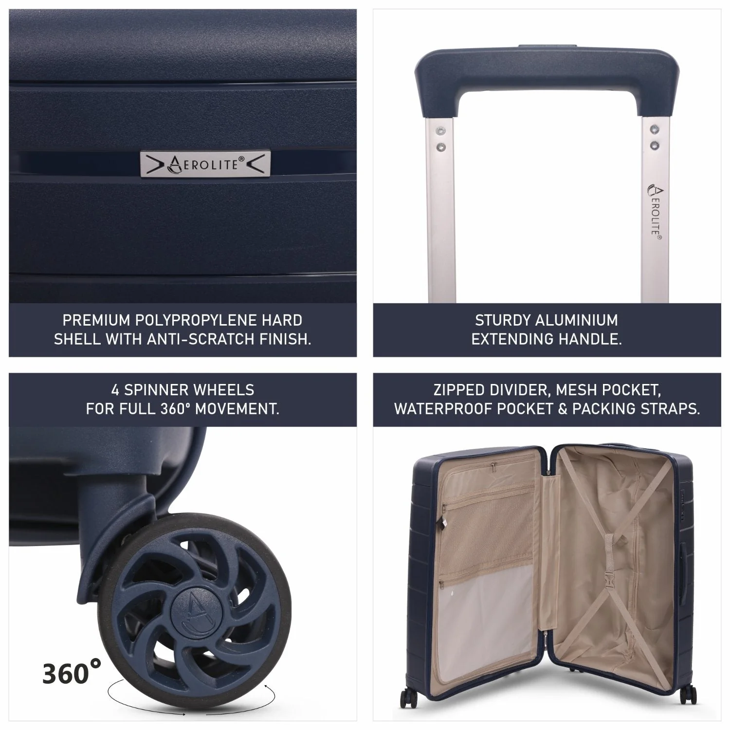 Aerolite Premium PP 4 Piece Hard Shell 4 Dual Wheel Spinner Travel Luggage Suitcase Set , Expandable Cabin + Medium + Large + Extra Large - Navy - Image 17