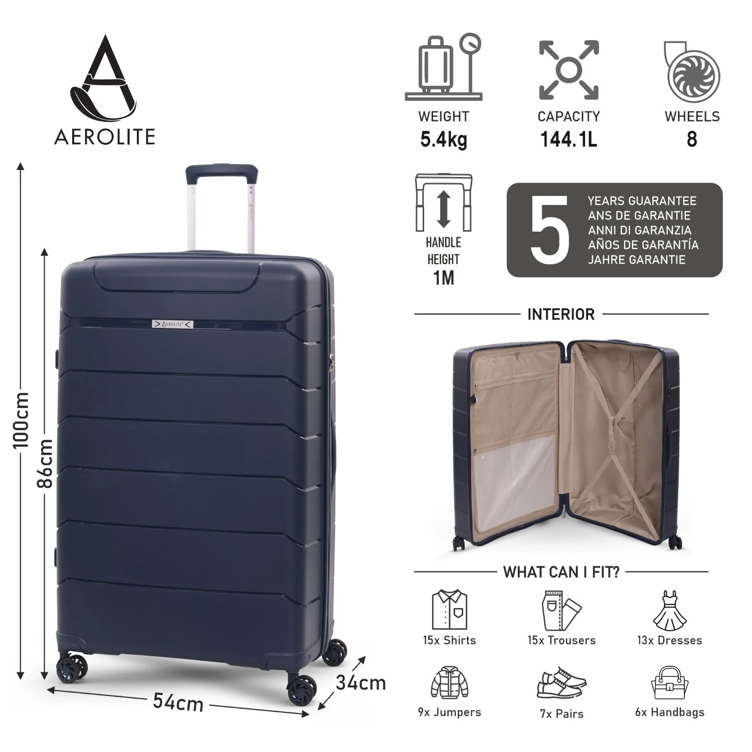 Aerolite Premium PP 4 Piece Hard Shell 4 Dual Wheel Spinner Travel Luggage Suitcase Set , Expandable Cabin + Medium + Large + Extra Large - Navy - Image 22