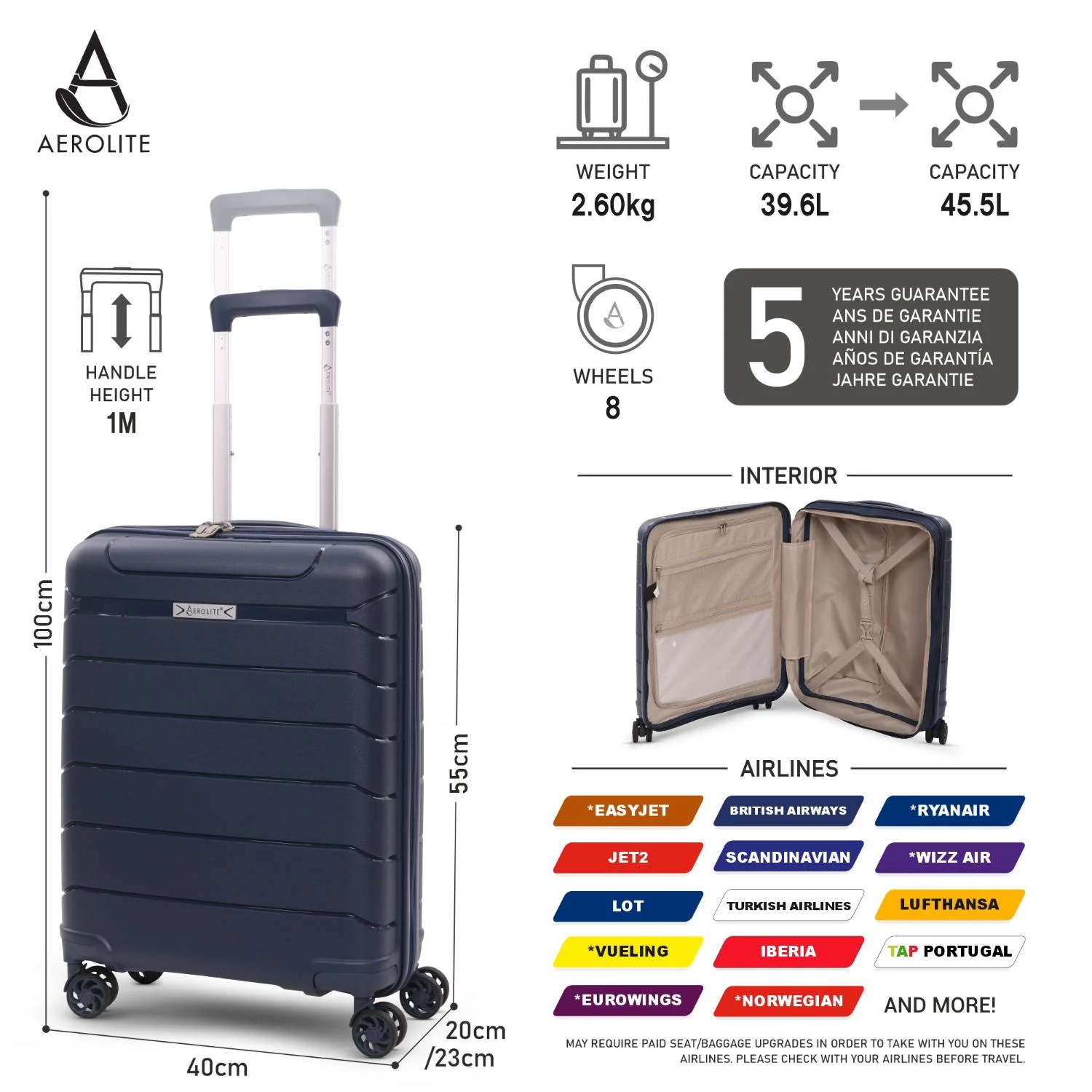 Aerolite Premium PP 4 Piece Hard Shell 4 Dual Wheel Spinner Travel Luggage Suitcase Set , Expandable Cabin + Medium + Large + Extra Large - Navy - Image 3