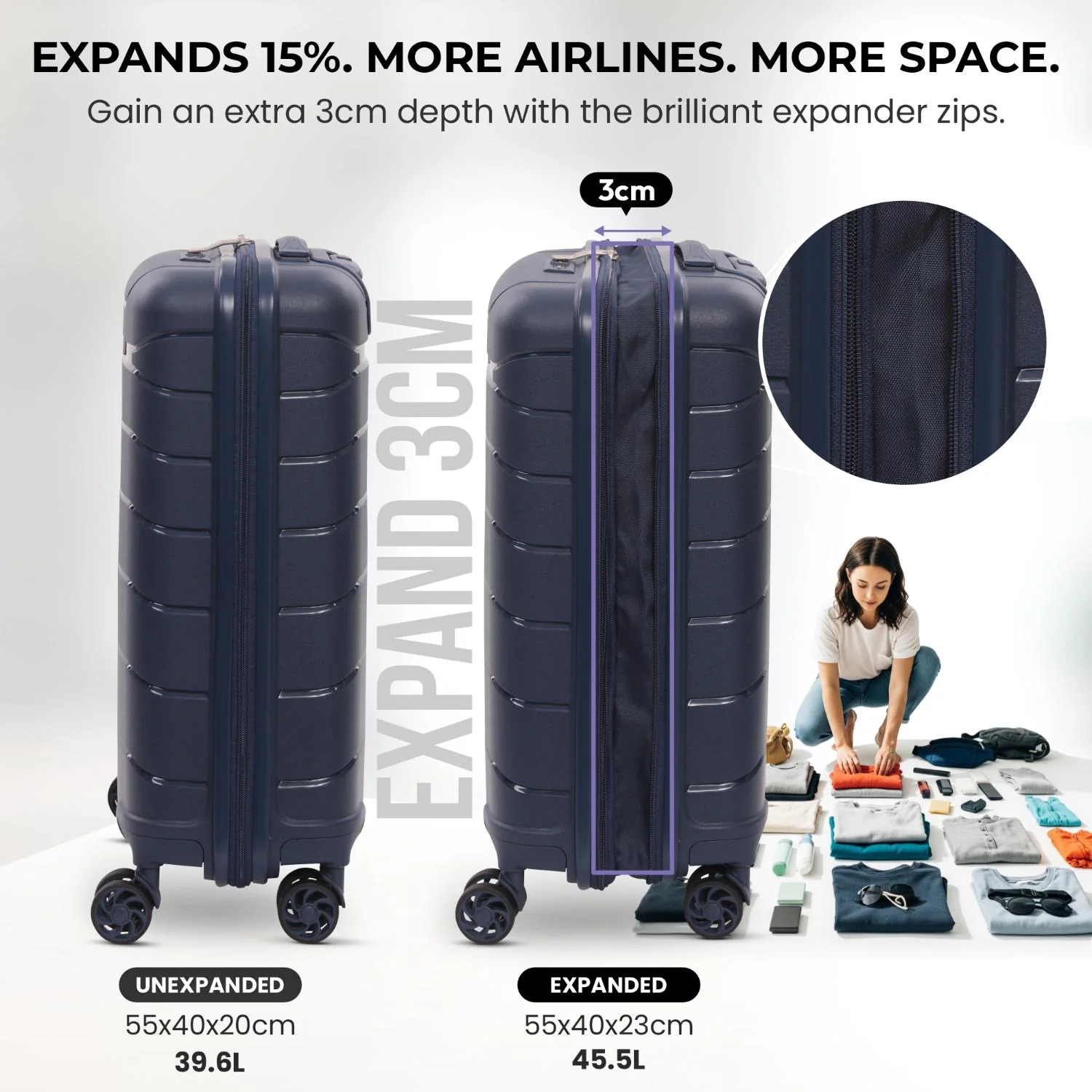 Aerolite Premium PP 4 Piece Hard Shell 4 Dual Wheel Spinner Travel Luggage Suitcase Set , Expandable Cabin + Medium + Large + Extra Large - Navy - Image 4